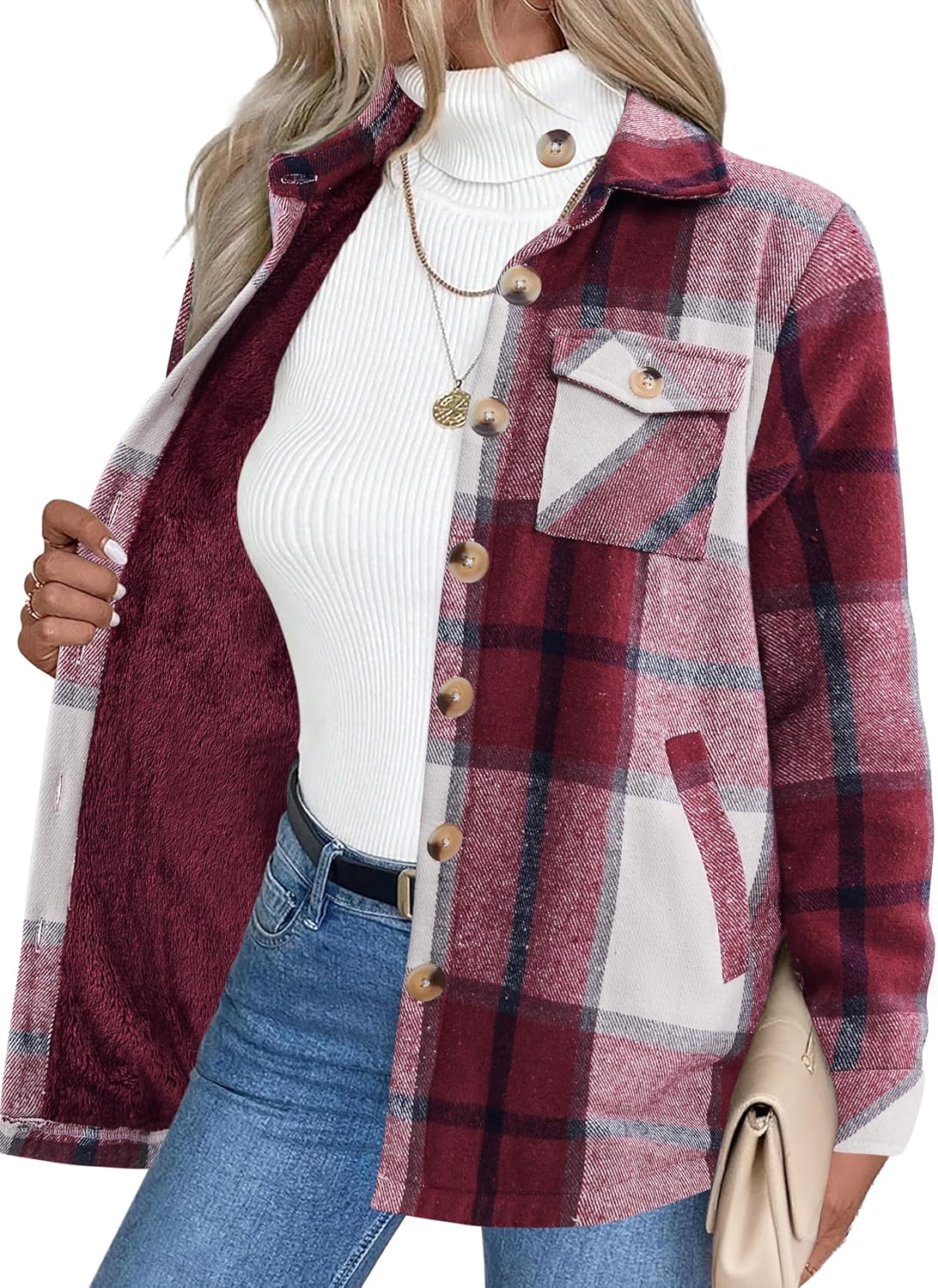 Zeagoo Women's Fleece Sherpa Jacket Casual Long Sleeve Button Down Flannel Shacket Shirt Winter Coat with Pockets