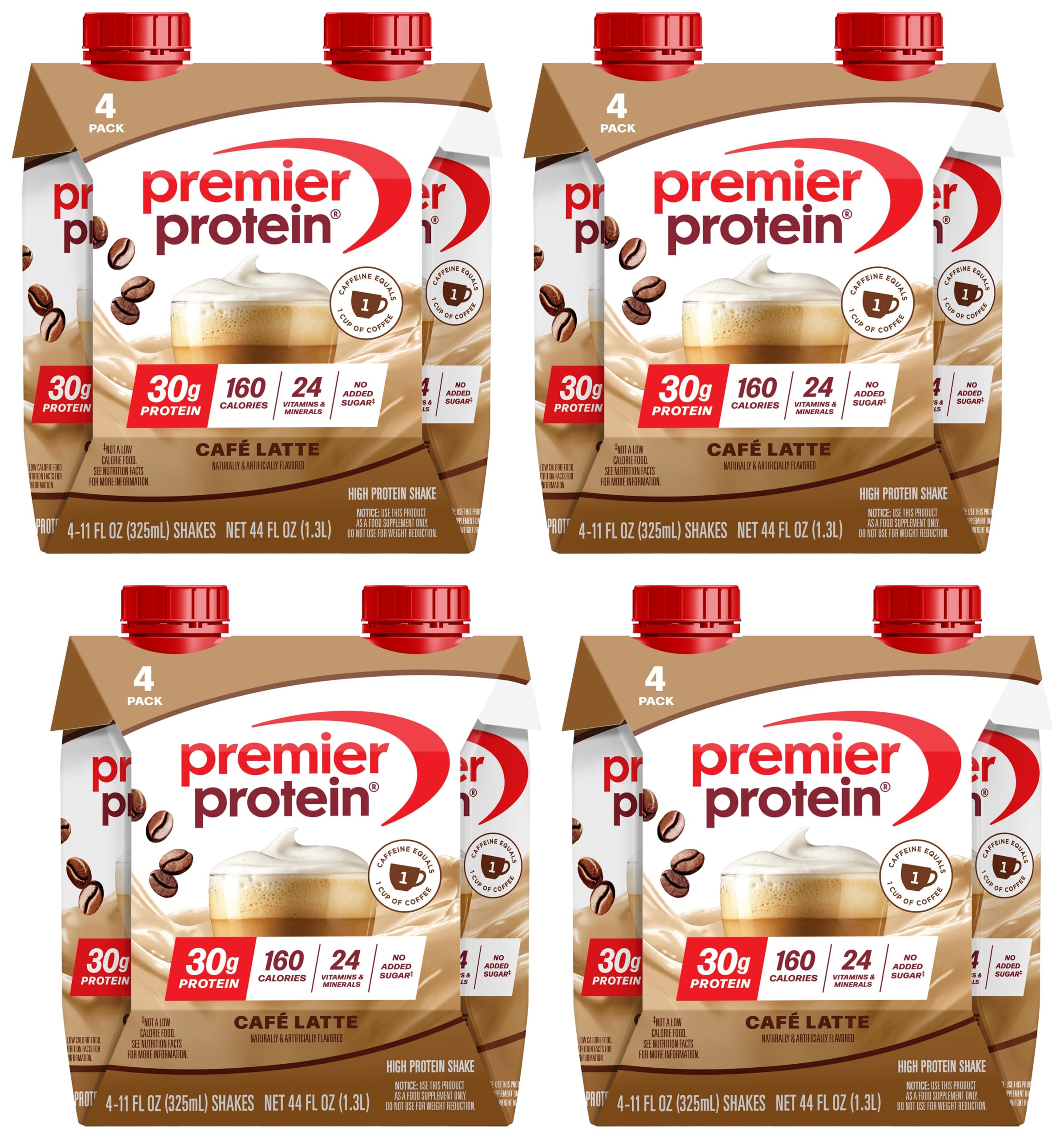 Premier Protein Shake, Café Latte, 30g Protein, 1g Sugar, 24 Vitamins &amp; Minerals, Nutrients to Support Immune Health, 11 Fl Oz, 4 Count (Pack of 4)