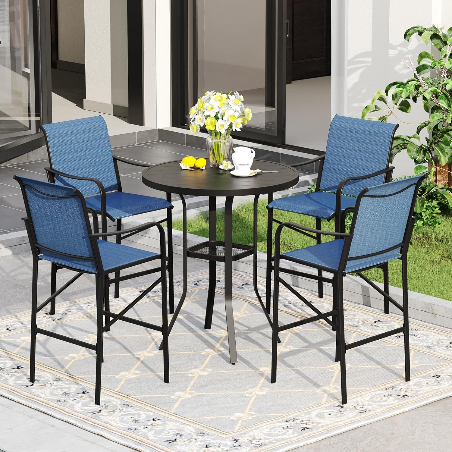 DIFY 5 Pieces Patio Bar Set for 4, 35.4" Black Round Metal High Top Table and 4 Blue Textilene Bar Stools with Curved Armrests for Garden Balcony, Black Tabletop and Blue Fabric