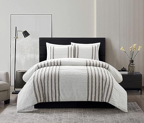 Chic Home Salma - Juego de funda de edredón de algodón de 3 piezas, diseño de rayas jacquard, fundas de almohada decorativas incluidas, tamaño King,