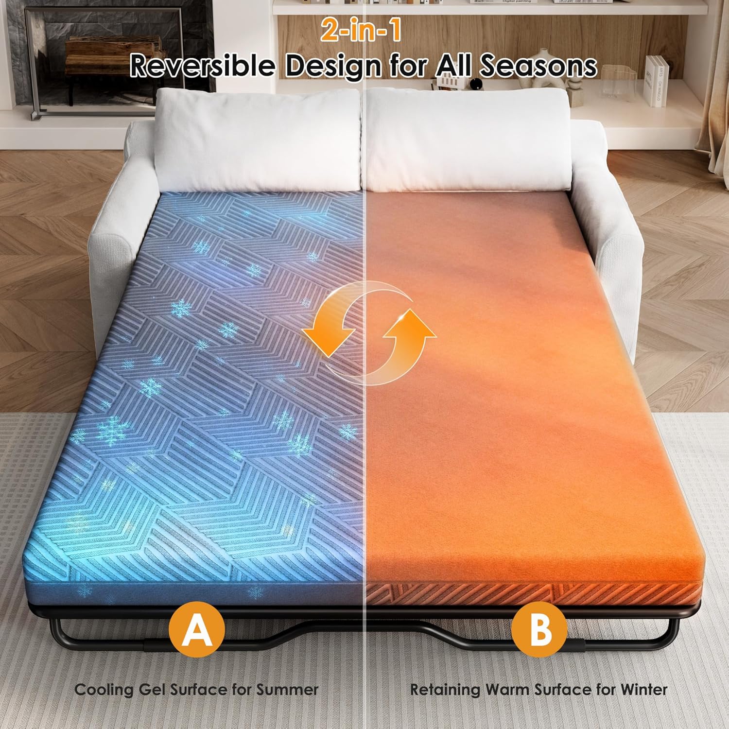 Dual-Side Full Size Sofa Bed Mattress 4 Inch, 2-in-1 Cooling Gel & Warm Side Uesd for All Seasons, Memory Foam Mattress Medium Firm Support, Pressure Relief, CertiPUR-US Certified, 72''x53''