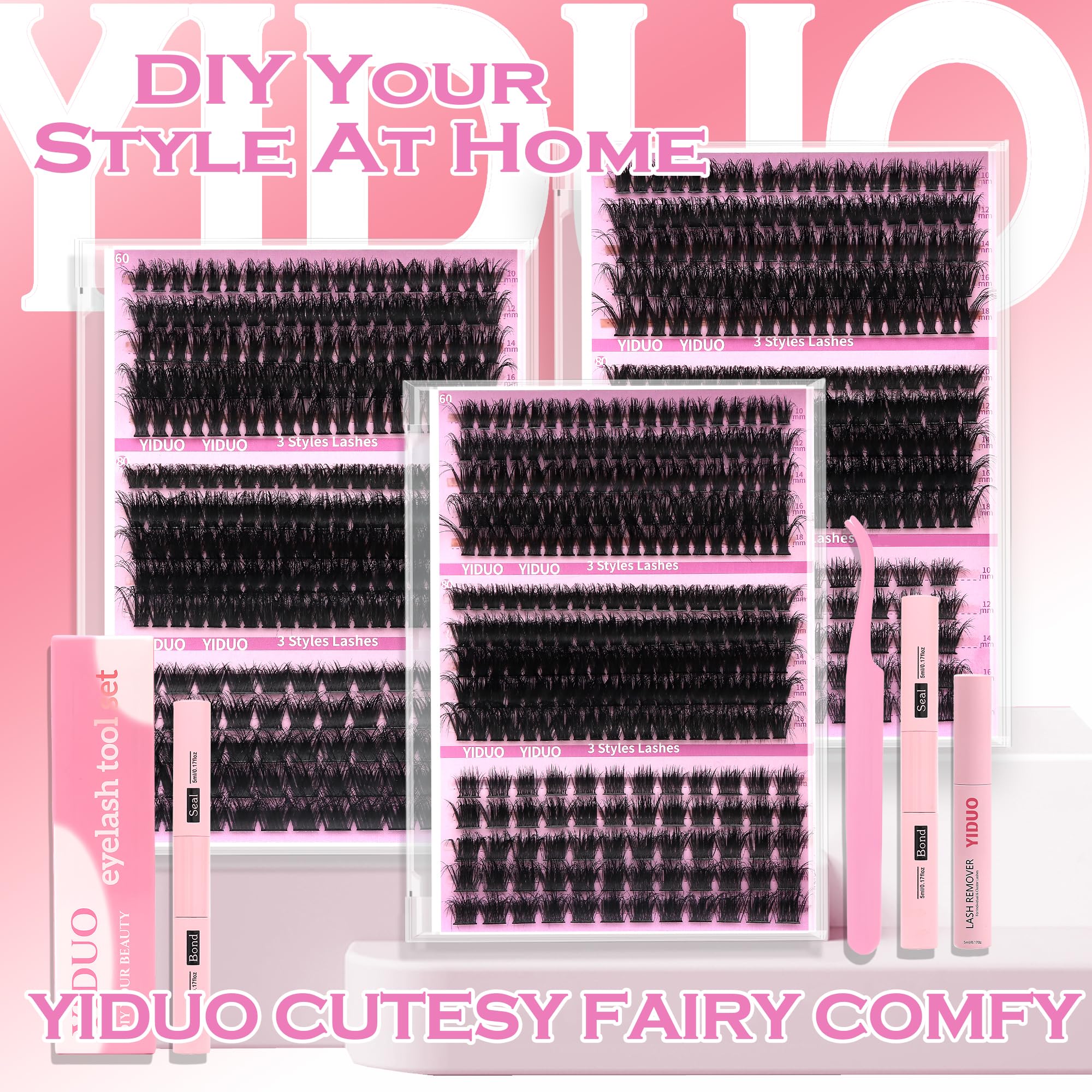 YIDUO Wimpern-Cluster-Set, Geschenkpackung, DIY falsche Wimpern, 5 Stile, gemischte C-Curl, Wispy, flauschiges Volumen, einzelne künstliche Wimpern, Kunstnerz, 770 Stück, Großhandelspackung mit Kleber