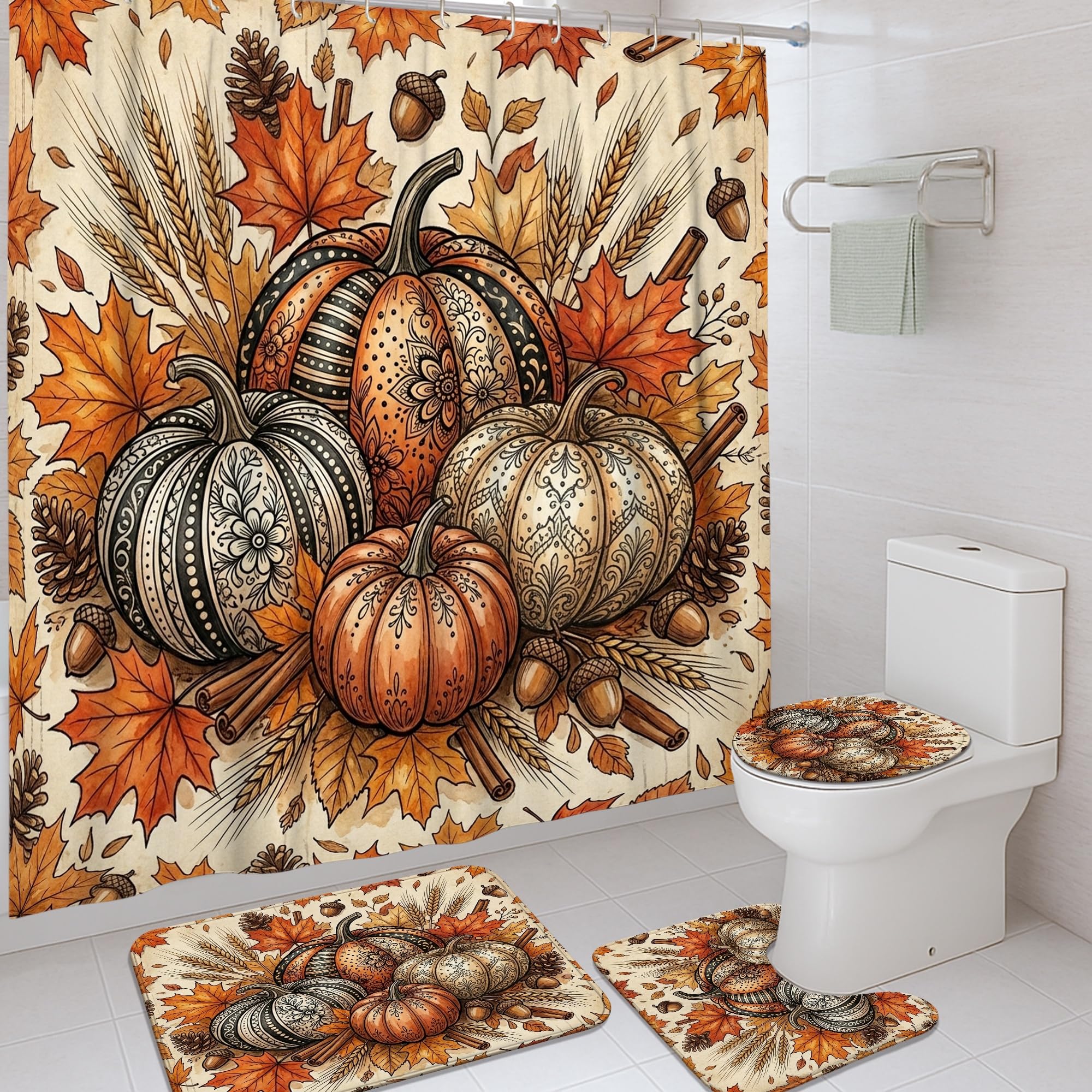 Rideau de douche imperméable motif citrouilles d'automne style rustique vintage 183x183