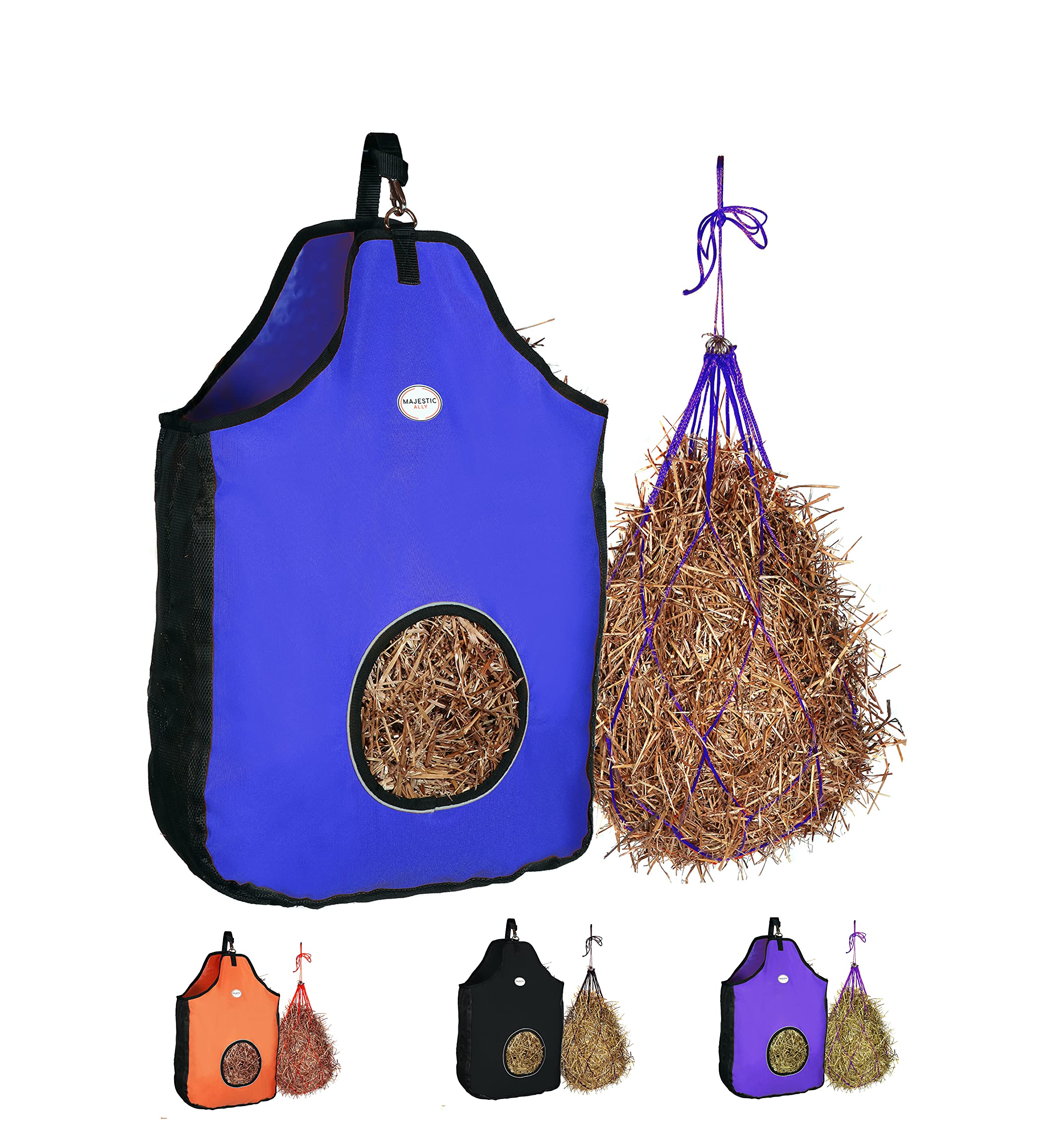 Majestic Ally 1200 D Hay Feeder Tote Bag for Horses, Sheep with Reflective Trim- Reduces Waste - Comes with 36” Hay Net. (Royal Blue)