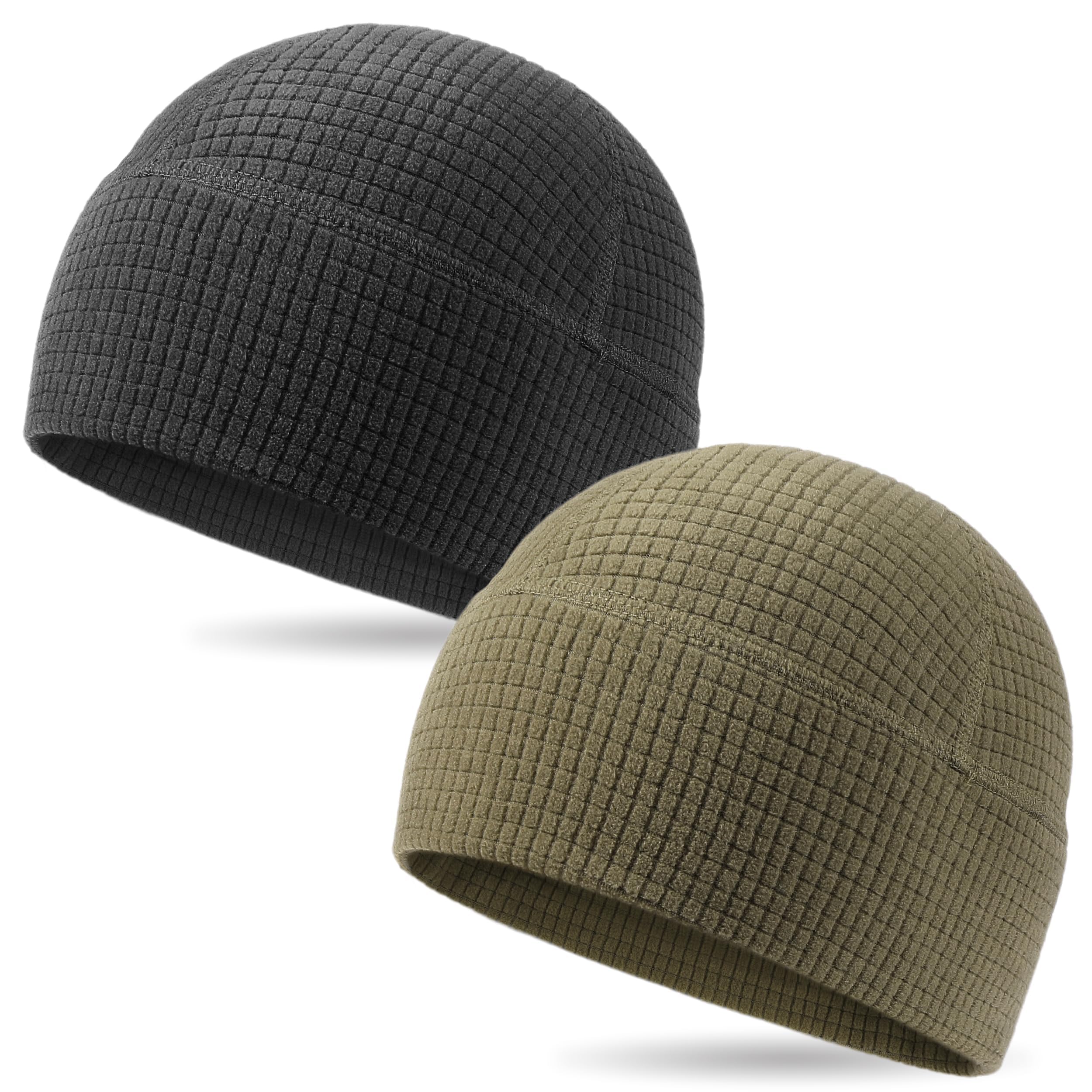 2 Pack Grid Fleece Beanie Watch Cap Waffle Tactical Beanie Multi-Season Army Military Fleece Hat, All Weather Gear