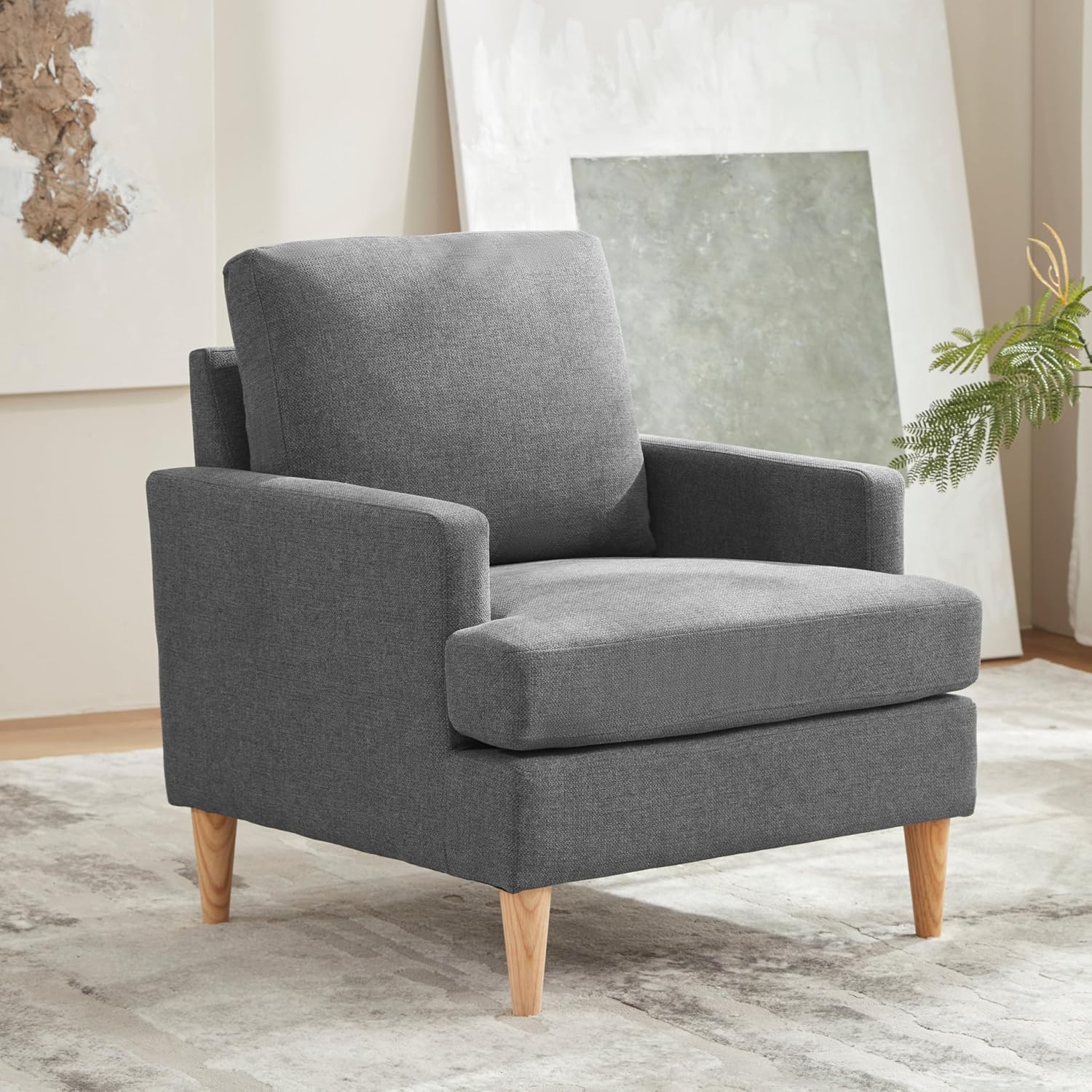 VKNOW Mid-Century Accent Chairs Set of 2, No Tools Assembly Required, Modern Upholstered Polyester Armchairs for Living Room & Bedroom, Comfortable Reading Chairs with Wood Legs, Beige