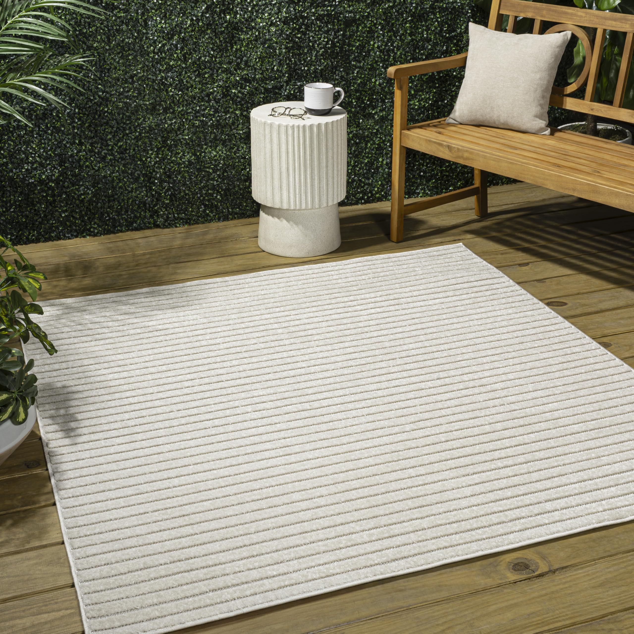JONATHAN Y Aarhus High-Low Striped Ivory/Cream 8x8 Square Indoor/Outdoor Area Rug, Minimalist Geometric, Pet Friendly, Non-Shedding, Stain Resistant, Easy-Cleaning for Backyard, Patio (SCN102B-8SQ)