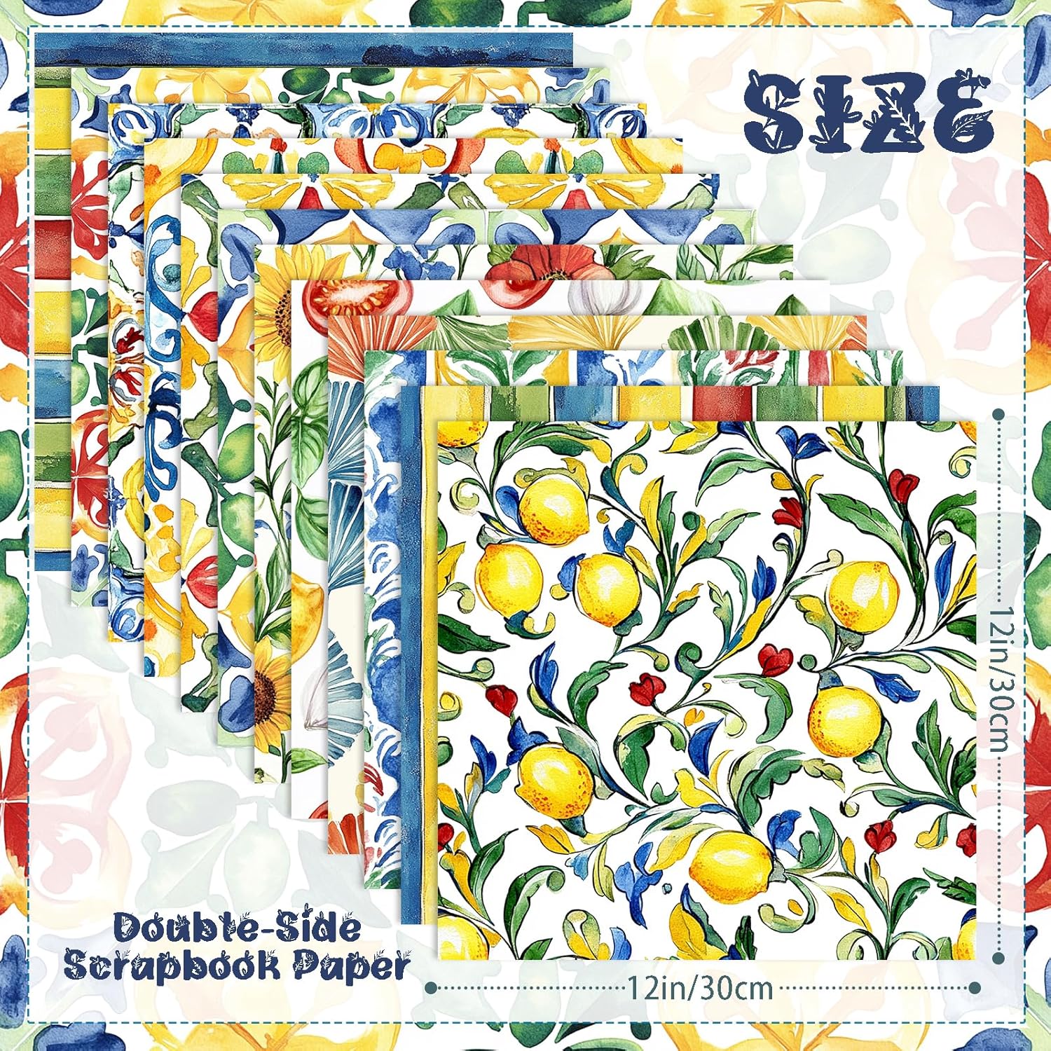 24 Sheets Watercolor Italian Tiles Scrapbook Paper, 12 Styles Watercolor Italy Tiles Seamless Patterns Decorative Craft Paper Folded Flat for Summer Card Making Photo Album Decor, 11.8'' x 11.8'