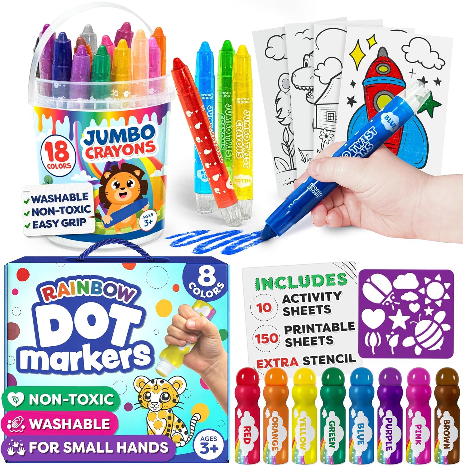 Momo & Nashi 16pc Jumbo Crayons For Toddlers & 8pc Dot Art Markers - Complete Preschool Learning Activities Art Set For Kids