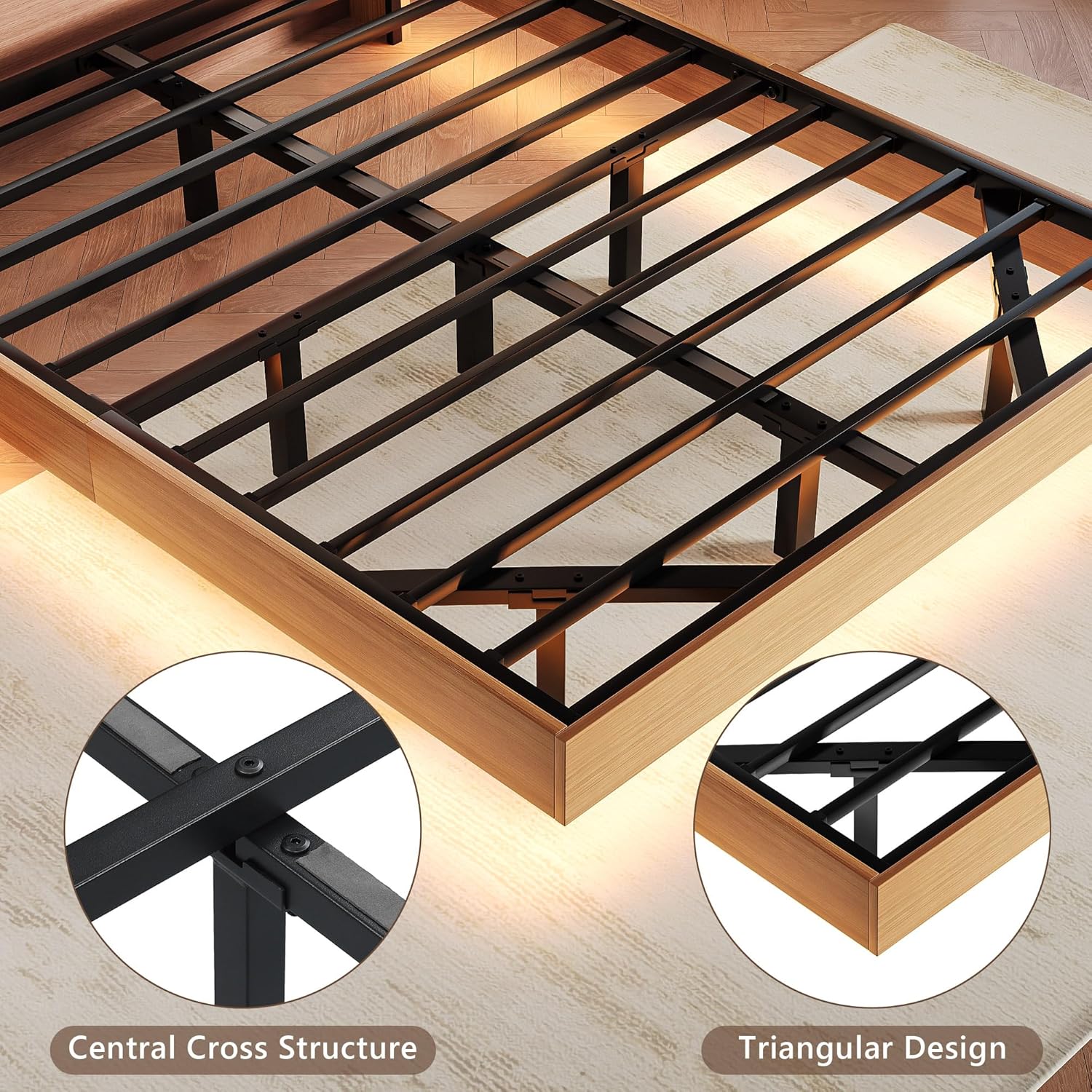 Einhomn Floating Bed Frame Full with 2-Tier Storage Linen Fabric Upholstered Headboard, Wooden Platform Bed Frame w/Charging Station & LED Lights, Metal Slats Support, No Box Spring Needed, Walnut