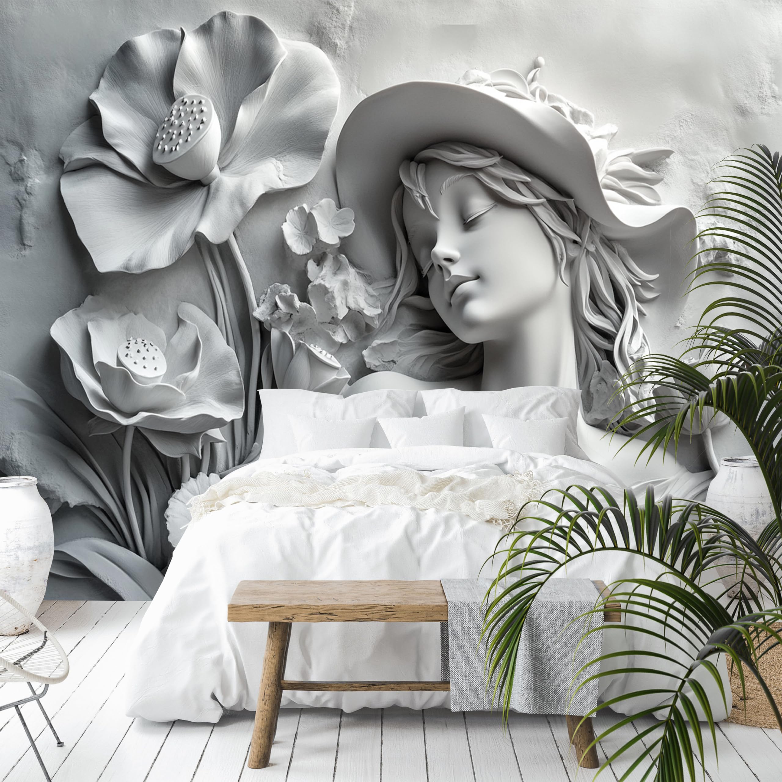 Custom Size Wall Murals - Angel Embossed Relief Beauty, Watercolor Hand-Painted Fresh Flower Beauty - Self-Adhesive Removable Stick Wallpaper for Office