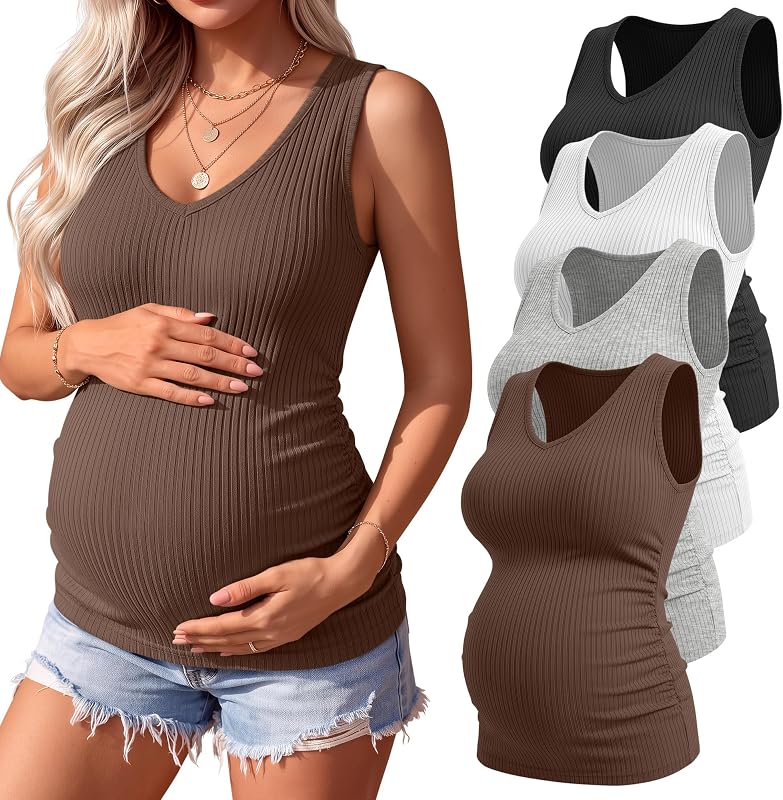 4 Pack Women's Maternity Pregnancy Tanks | V-Neck Ribbed Maternity Tank Tops, Sleeveless Side Ruched Summer Mama T-Shirts, Casual Layering Comfortable Pregnant Clothes