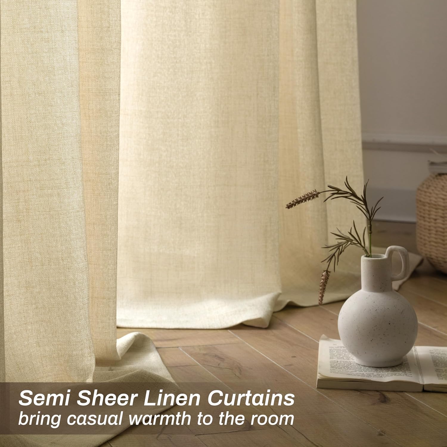 DriftAway Beige Linen Curtains 63 Inches Long for Living Room Thick Semi Sheer 2 Panels Farmhouse 3 Inch Rod Pocket Back Tab Boho Rustic Light Filtering Window Drapes for Bedroom Privacy Assured