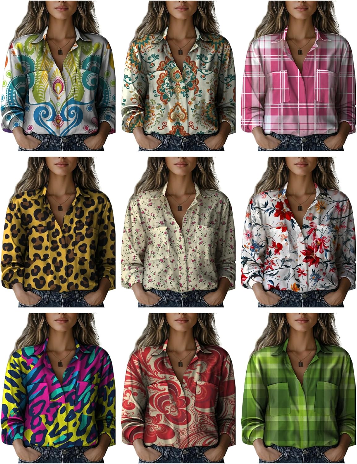 Long Sleeve Shirts for Women Casual Retro V Neck Baggy Dressy Gauze Office Work Beach Top with Pocket - Image 4