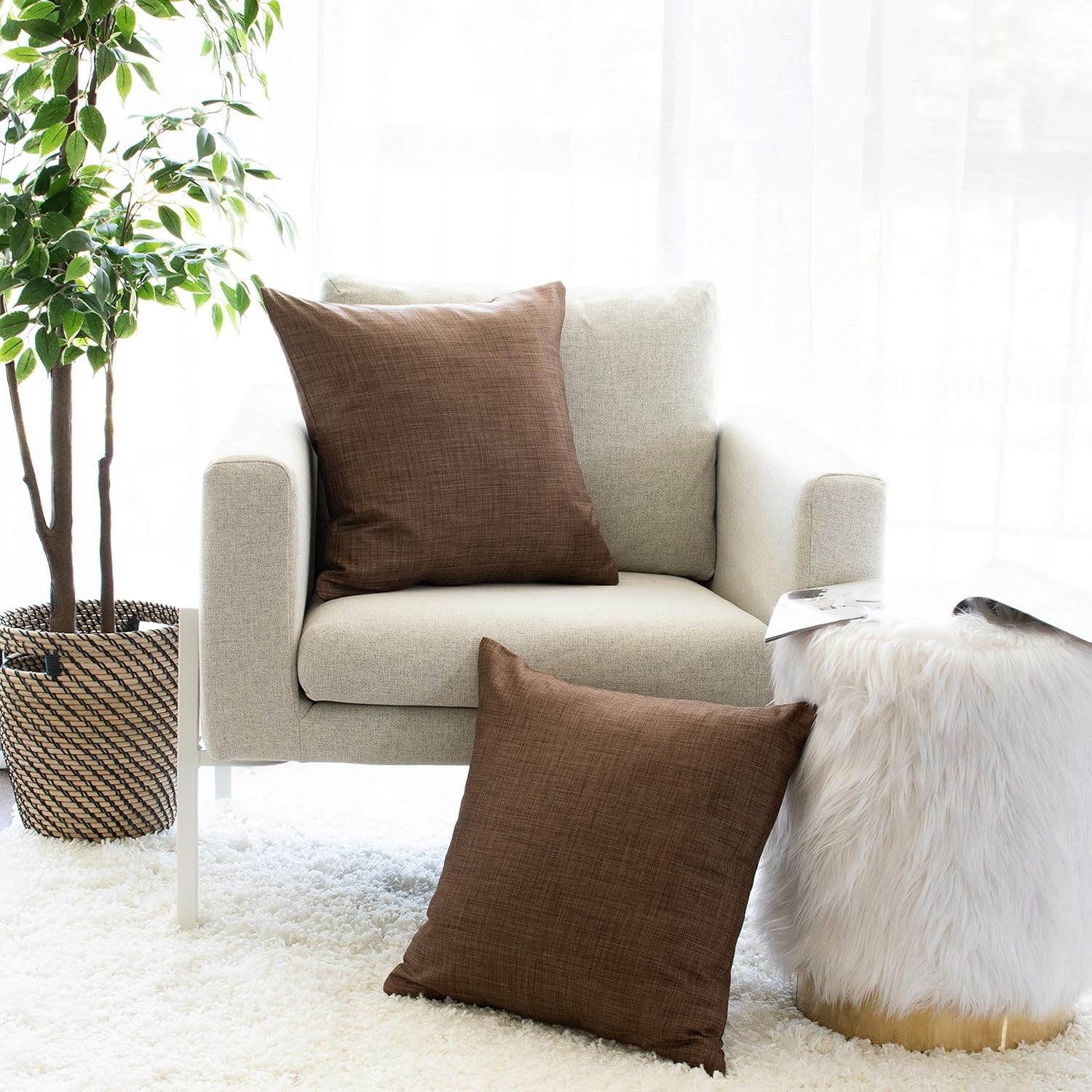 The White Petals Light Brown Throw Pillow Cover - (20x20 inch) | Decorative, Washable Cushion Covers for Couch, Sofa, Bedroom, Living Room - Pack of 2
