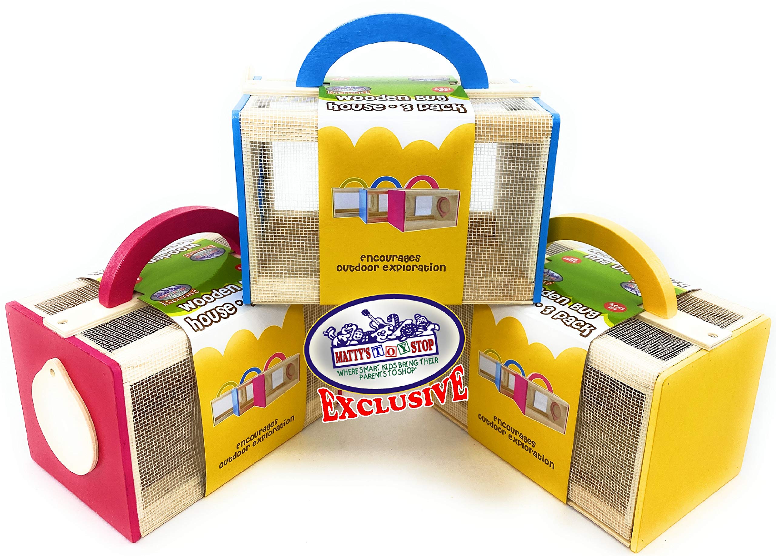 Matty's Toy Stop Wooden Bug House Insect Critter Cages with Handles in Blue, Red & Yellow (3 Pack) - Image 2