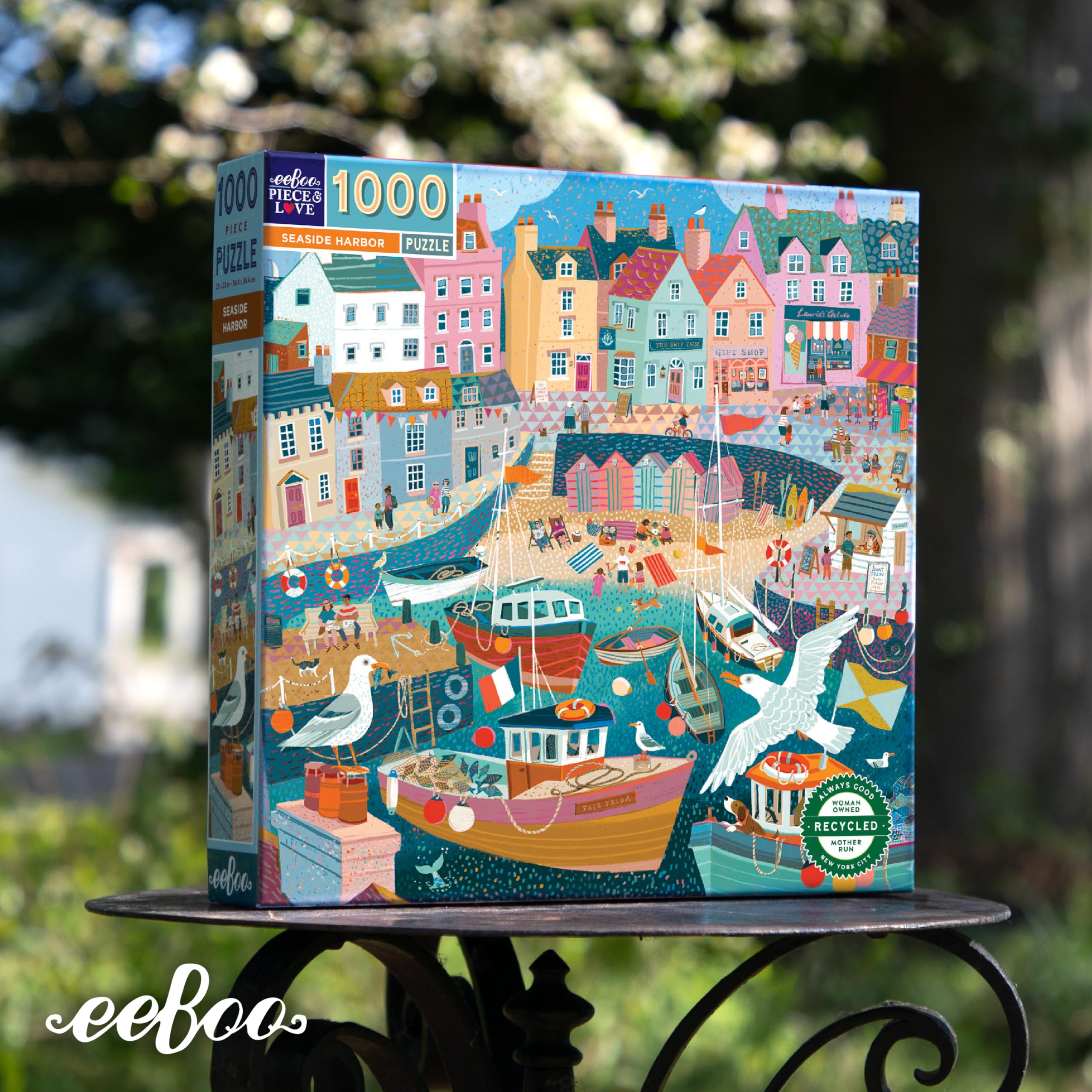 EEBOO - Seaside Harbor - Puzzle Adulte 1000 pièces - Belle Illustration d'un Port de plaissance - Puzzle en Carton recyclé - PZTSEA