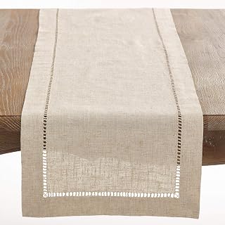Saro Lifestyle Natural Poly-Linen Hemstitched Table Runner 16x72 - Elegant Old World Charm
