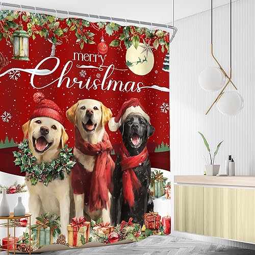 Miniatura 9 de AMBZEK Cortina de ducha con diseño de gato de Feliz Navidad, 60 pulgadas de ancho x 72 pulgadas de largo, diseño de copos de nieve, árbol de pino,