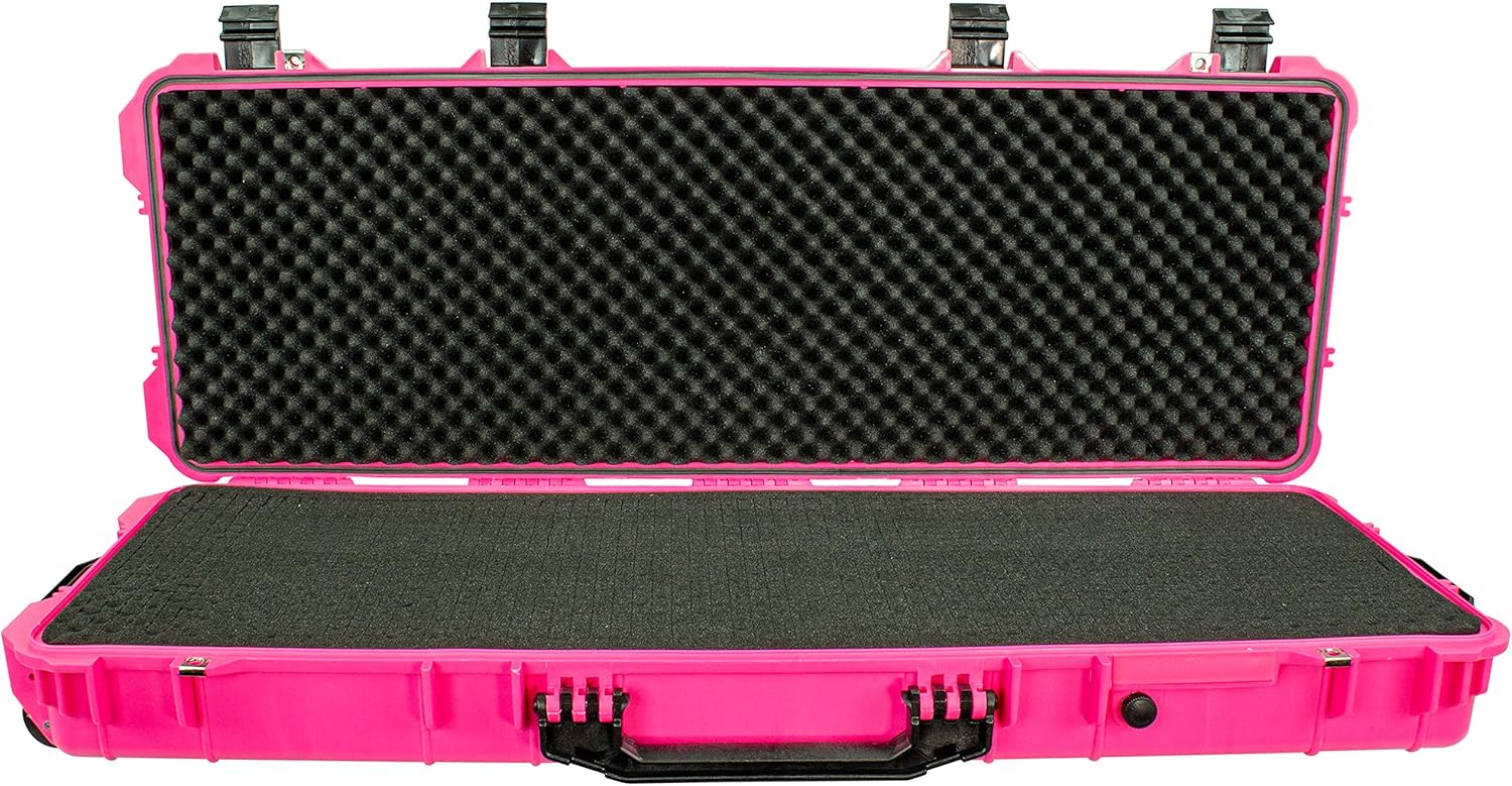 Eylar 44 Inch Protective Roller Rifle Hard Case with Foam, Mil-Spec Waterproof & Crushproof, Two Rifles Or Multiple Guns, Pressure Valve with Lockable Fittings Pink