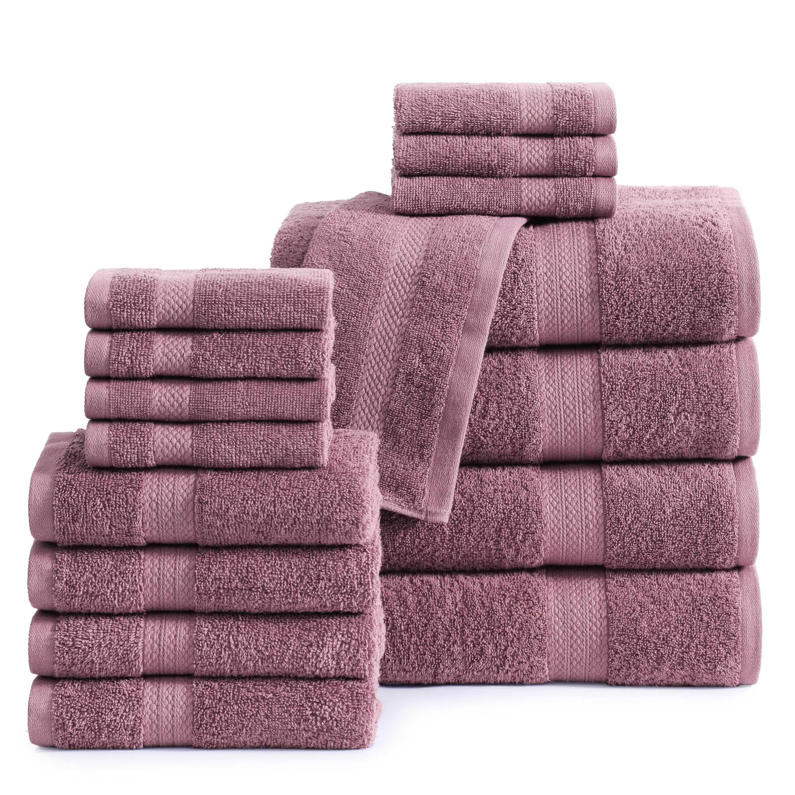 LANE LINEN 100% Mercerized Cotton Luxury Bathroom Towel Set - 16 Pcs - Super Soft, Fluffy & Highly Absorbent - 4 Bath Towels, 8 Washcloths, 4 Hand Towels - Pre Shrunk, Pet Friendly - Wishful Mauve