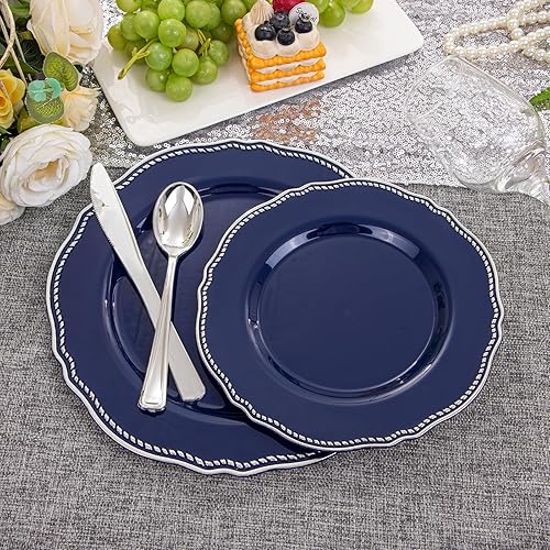 Miniatura 58 de Hioasis 60 platos de plástico dorados, vajilla desechable blanca y dorada con borde dorado, resistente, 10.25 pulgadas, platos llanos para fiestas