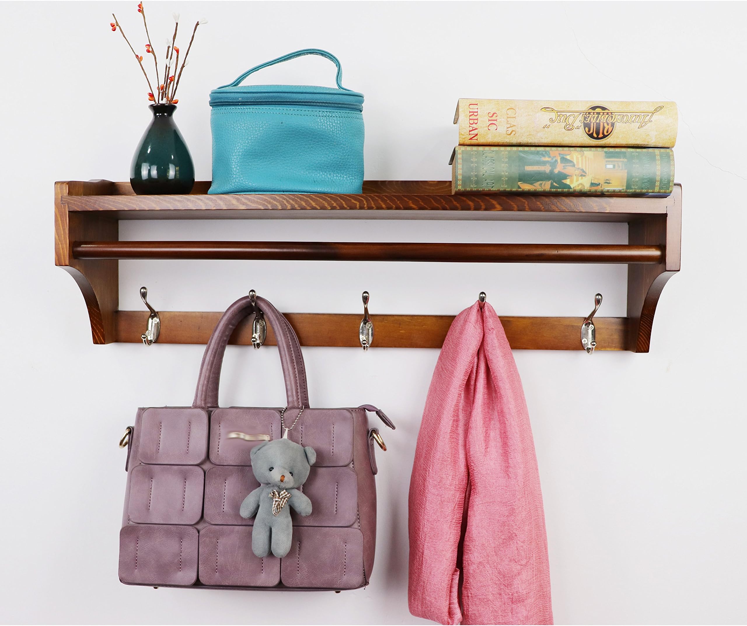 JRLinco Wall-mounted Coat Rack Wall Solid Wooden Hanger 5 Hooks Multifunctional Entryway Simple Storage Display Stand Shelf (Walnut paint color, 5 hooks = 65.5cm)