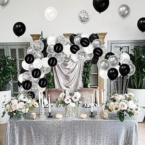 Miniatura 2 de 100 globos metálicos cromados, 12 pulgadas, negro, blanco y plateado con confeti para bodas, compromisos, decoraciones de fiesta negra, cumpleaños