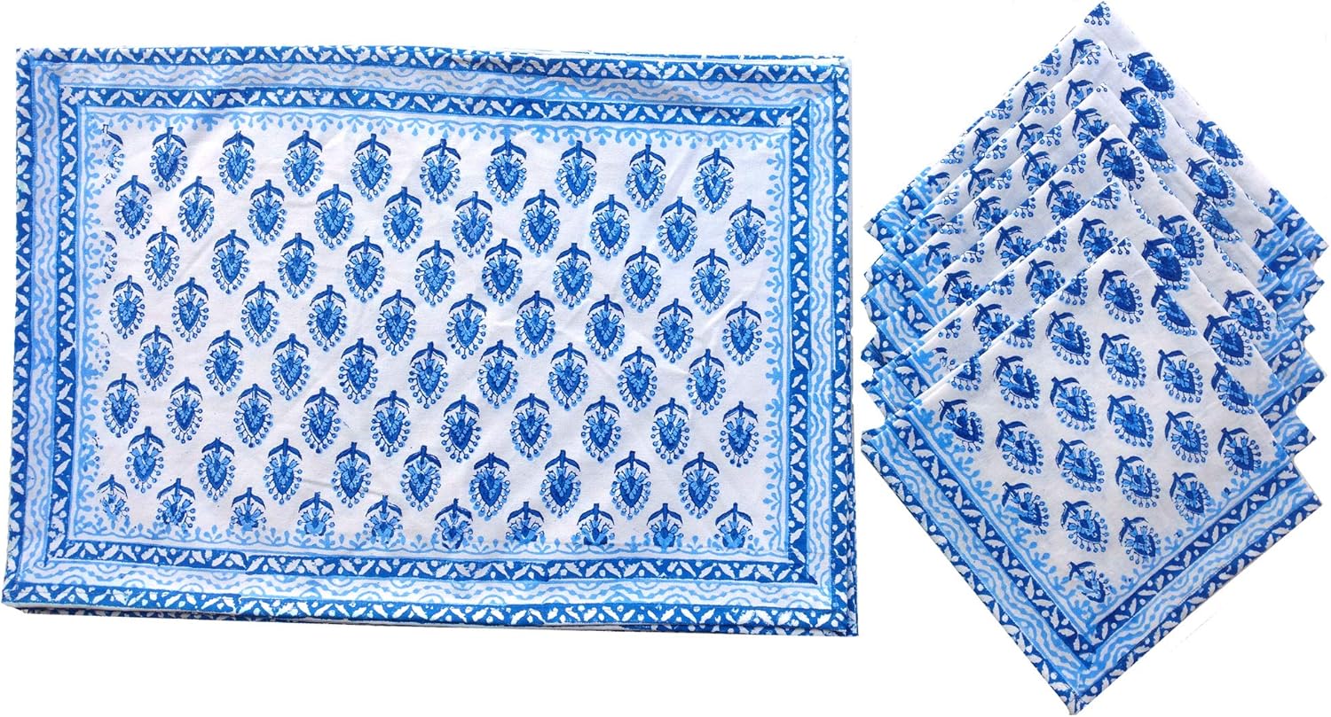 Rastogi Handicrafts Hand Block 100% Cotton Indian Style Theme Dining Table Mats and Napkins Set of 6 Place-mats Runners (Blue 4)
