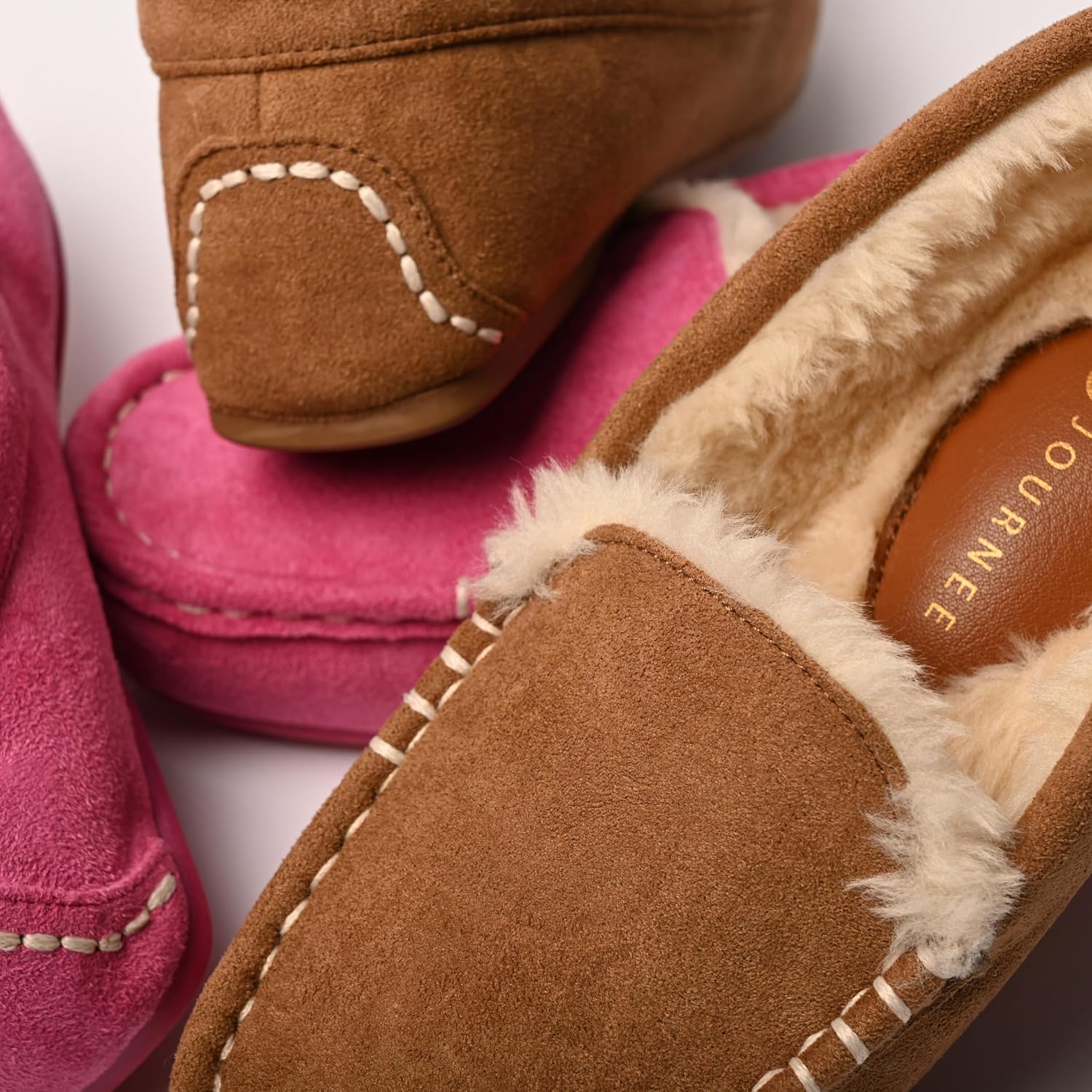 Journee Collection Womens Jetah Fur Lined Moccasin Slippers Whipstitch Slip On Round Toe Cushioned Durable Sole House Shoe