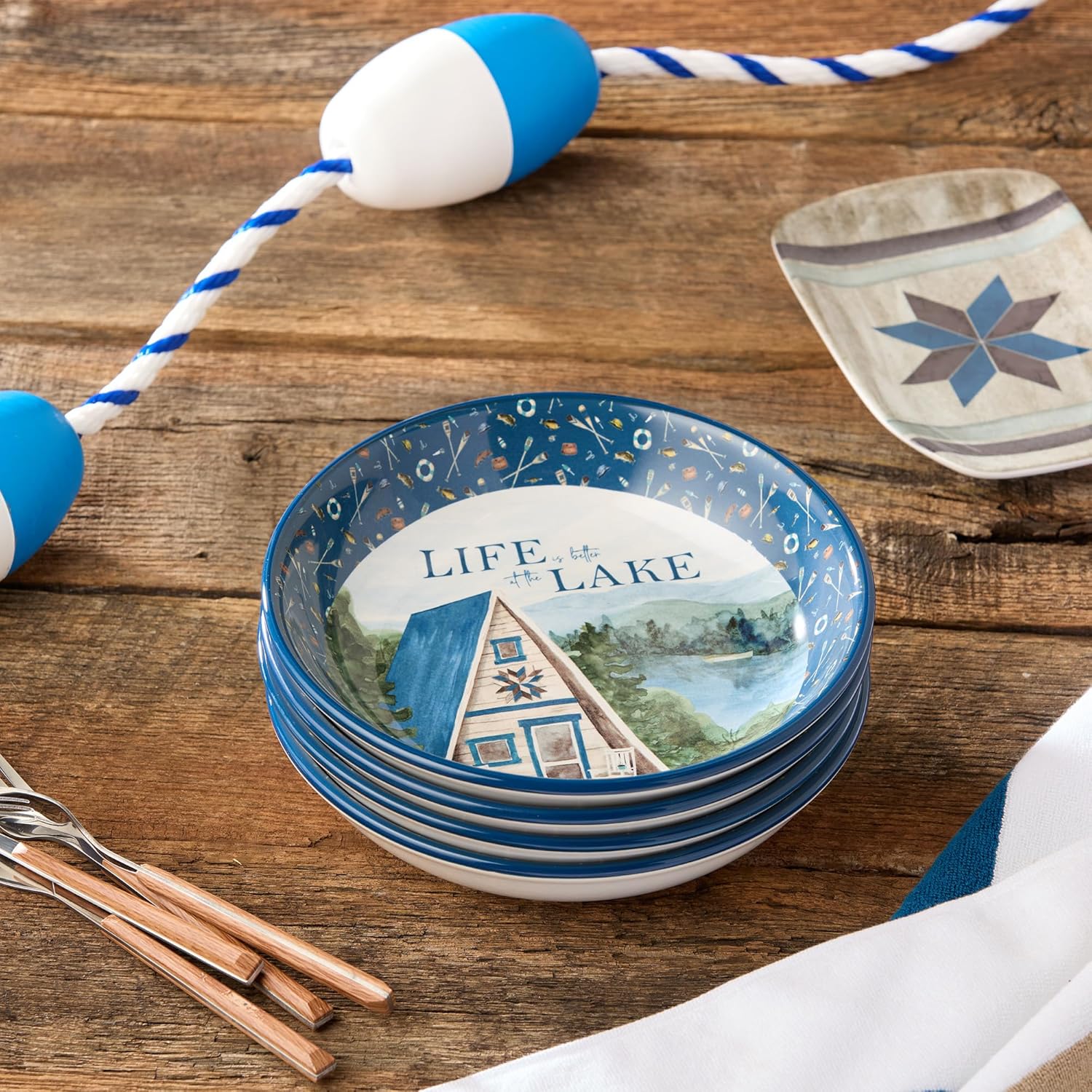 Wake at the Lake 9-Inch Soup/Pasta Bowls, Set of 4, Lakeside-Inspired Designs with Rustic Artwork, Durable Ceramic, Dishwasher & Microwave Safe, Perfect for Soups, Salads & Pasta