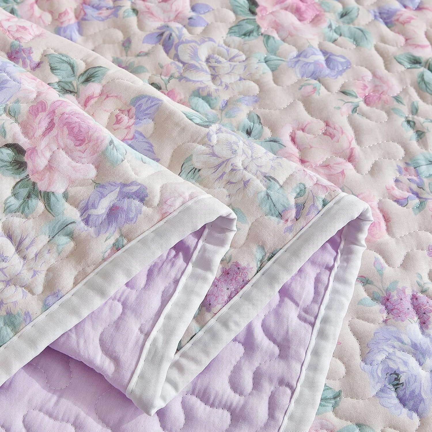 Joyreap 2 Pieces Cotton Quilt Set for Girls, Twin Size Purple n Pink Flowers Violet Floral Design, Cozy Lightweight Quilt Bedspread Bed Cover for All Season- 68x86 inches - Image 7