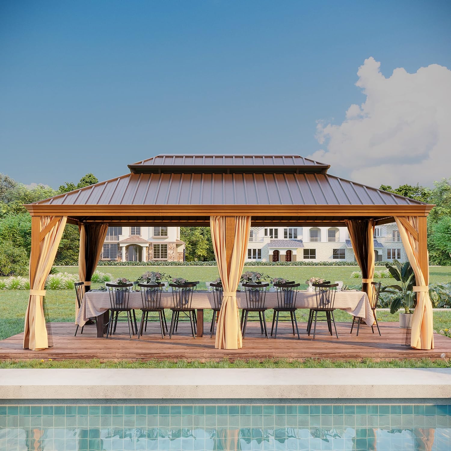 14' X 20' Hardtop Gazebo, Aluminum Wood-Looking Frame Outdoor Permanent Galvanized Steel Double Roof Pavilion Pergola Canopy with Privacy Curtains for Garden, Patio, Backyard, Deck and Lawns