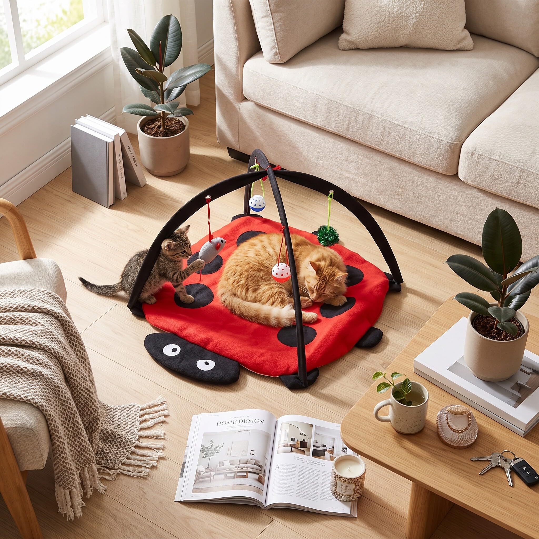 Wakects Cat Spielteppich, Cat Bed Toy Katze Hund Interaktive Matte Haustier Puffer Bett mit hängenden Spielzeug Balls und Mäuse, Katze Spielzeug Großes