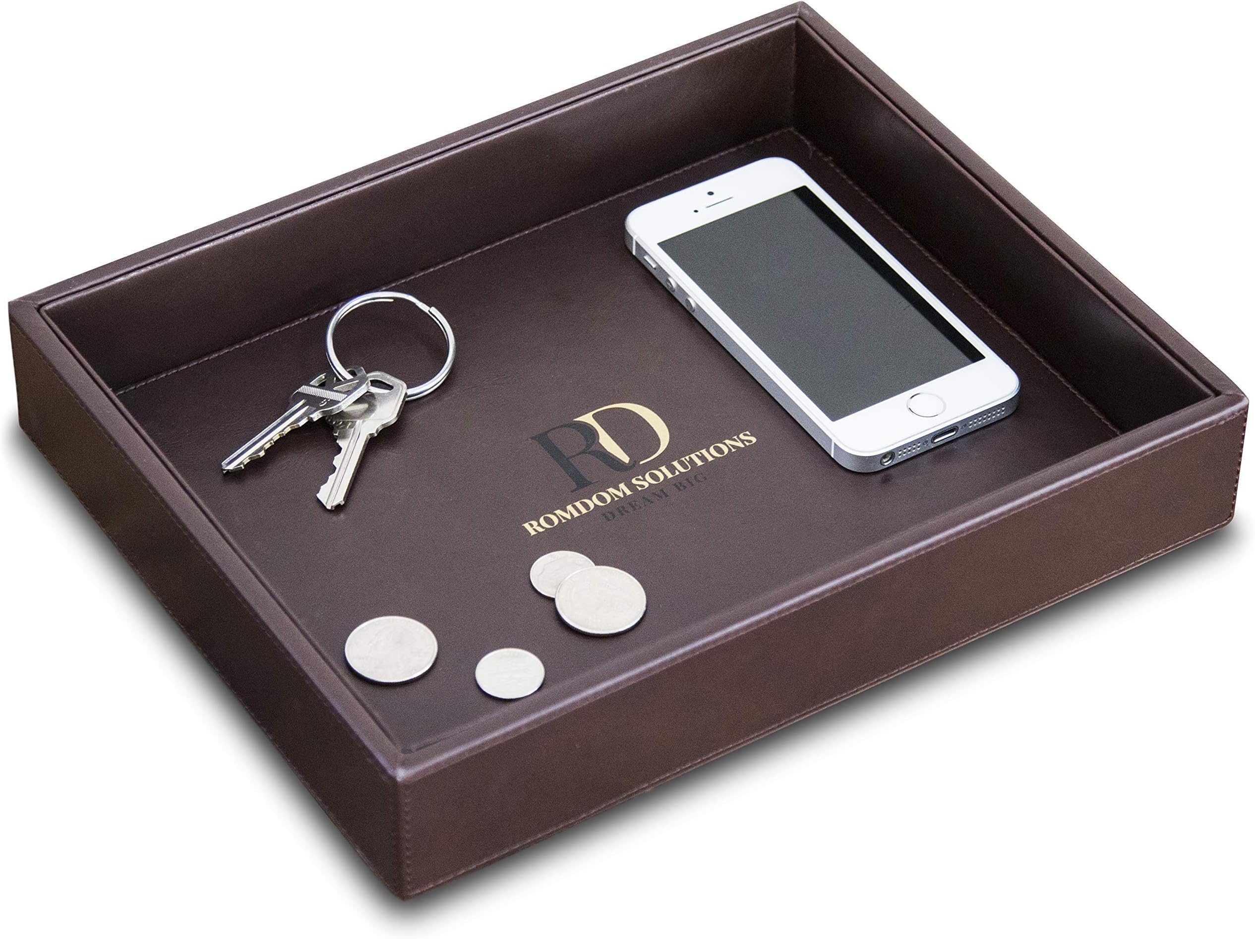 GeViaHo RomDom Leather Valet Tray, Decorative Tray, Catch All EDC Tray-Phone, Wallet, Keys, Accessories Nightstand Organizer, Dresser Organizer, Side Tray, Brown, 10.2 X 8.4 X 1.8
