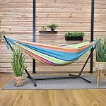 Vivere Double Cotton Hammock with Space Saving Steel Stand, Upgraded Polyester End Strings 450 lb Capacity - Premium Carry Bag Included - USA Grown Cotton (Byron Bay)