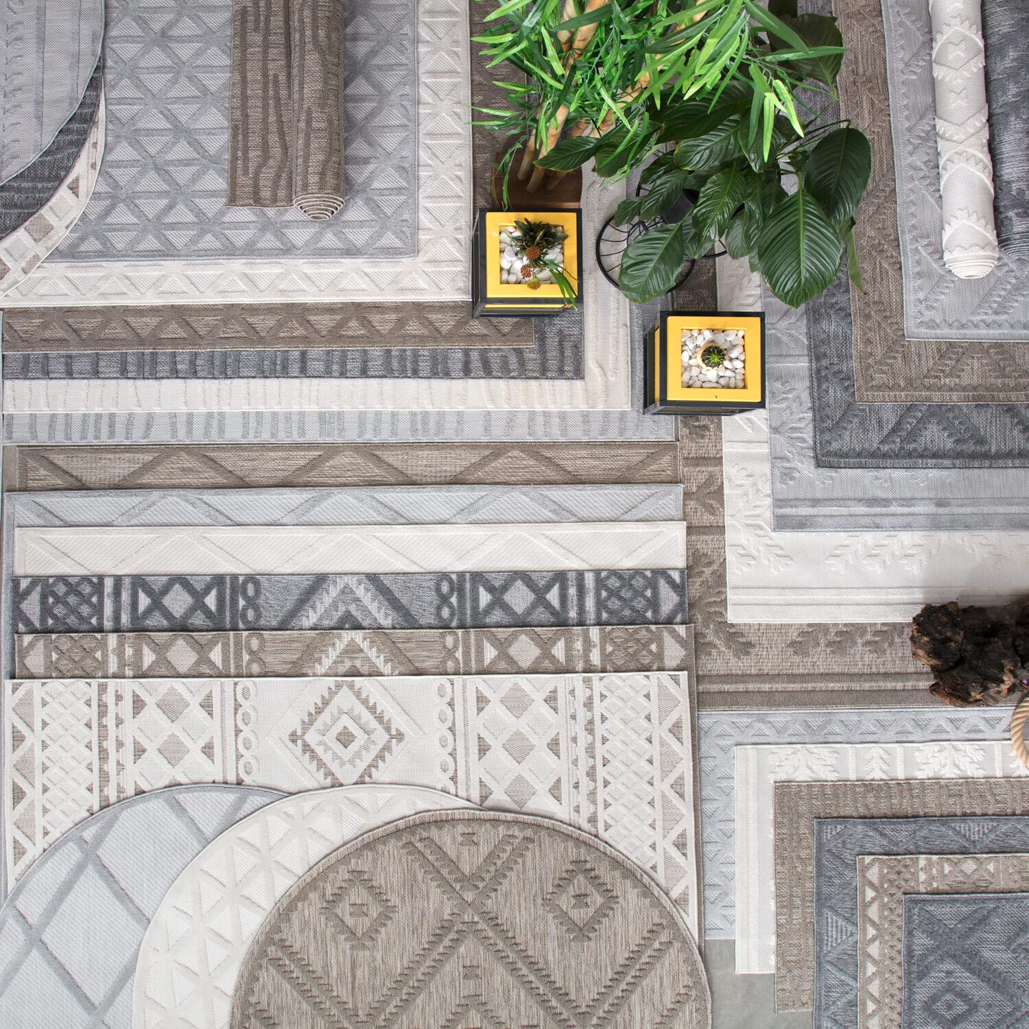 carpet city In-& Outdoor Teppich - Rund 120 cm - für Innen-& Außenbereich - Wetterfest Balkon-Teppich, Terrasse, Flur, Küche - Wohnzimmer-Teppiche - Hochtief/ 3D-Effekt - Streifen-Muster in Creme