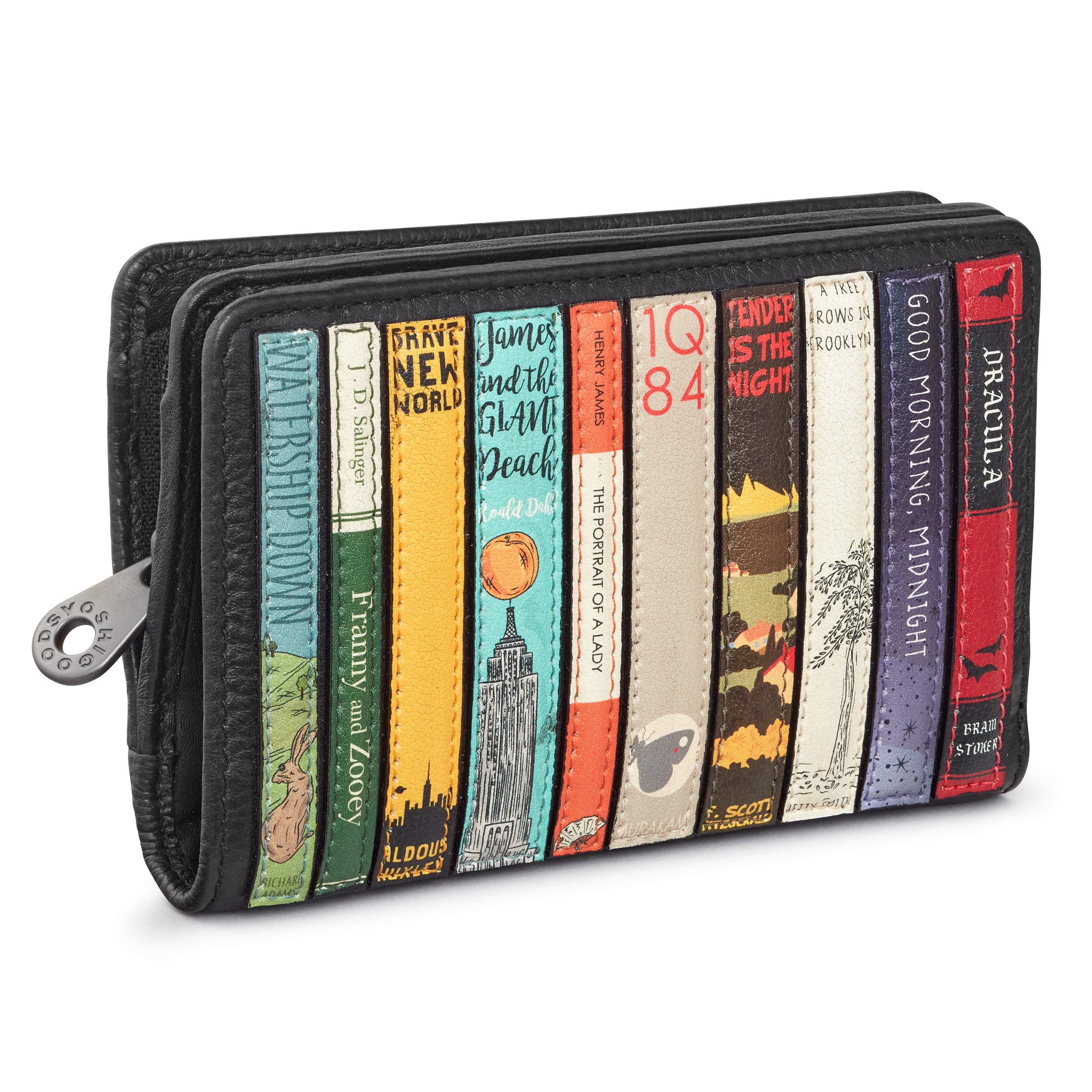 Bookworm Genuine Leather Flap Over Zip Round Purse by Yoshi , Black, 13.5 x 8.5 x 2cm