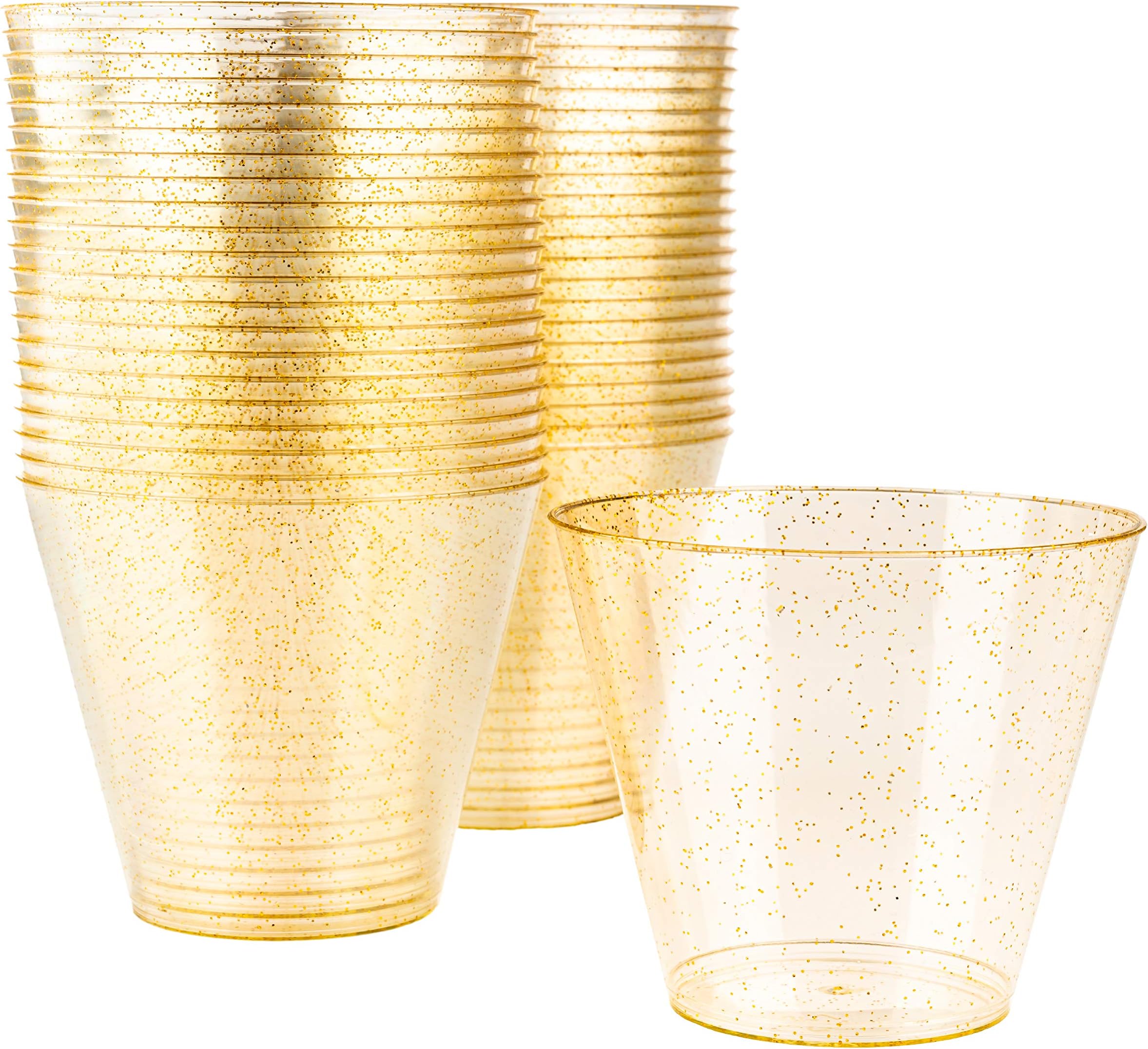 60 Premium Clear Hard Plastic Cups, Plastic Party Cups with Gold Glitter (255ml / 9oz) - Reusable Plastic Glasses, Tumblers, Gold Cups for Drinks, Cocktail, Wine, Dessert, Wedding, Parties
