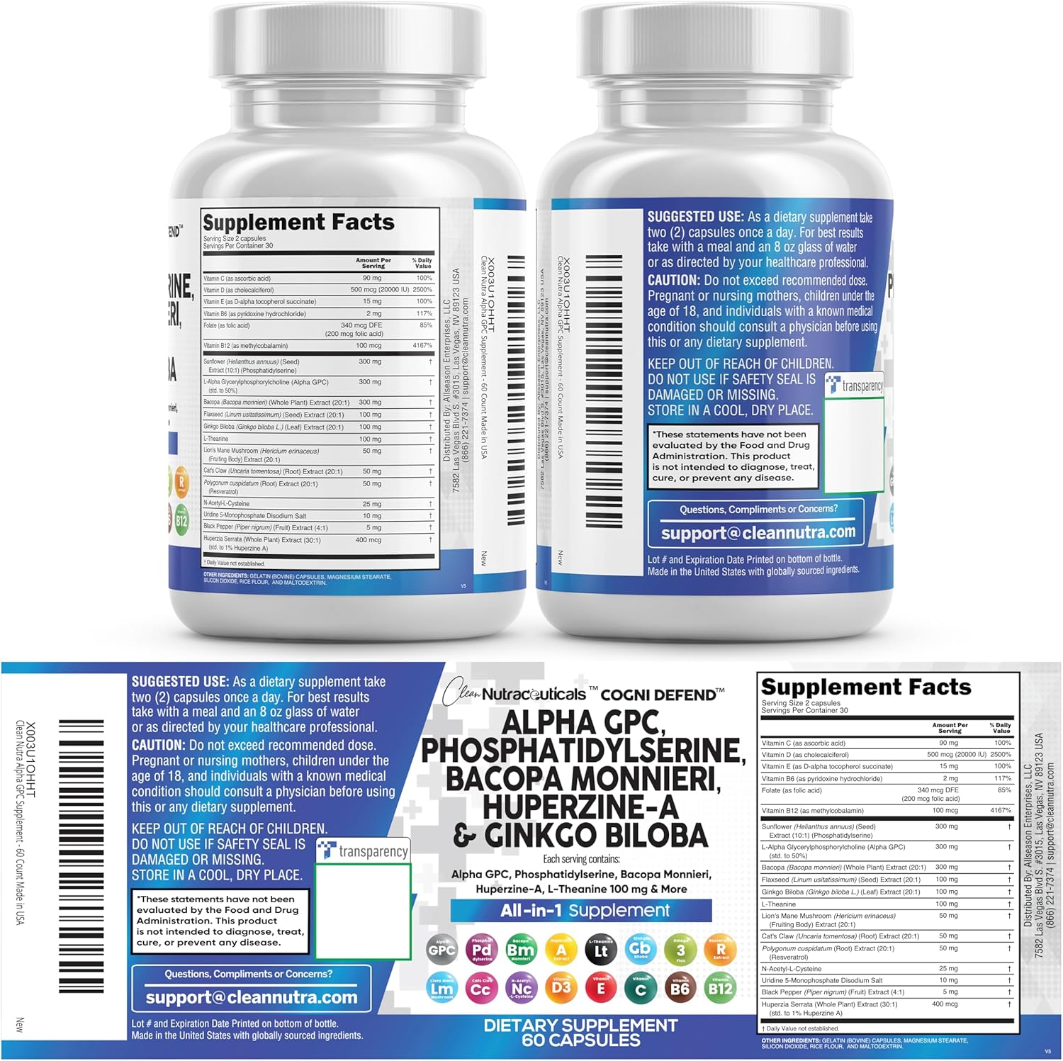 Clean Nutraceuticals Alpha GPC Choline Phosphatidylserine Bacopa Monnieri Ginkgo Biloba Huperzine A Supplement with Urdine Lions Mane Cats Claw NAC Vitamin C B D E - Image 8