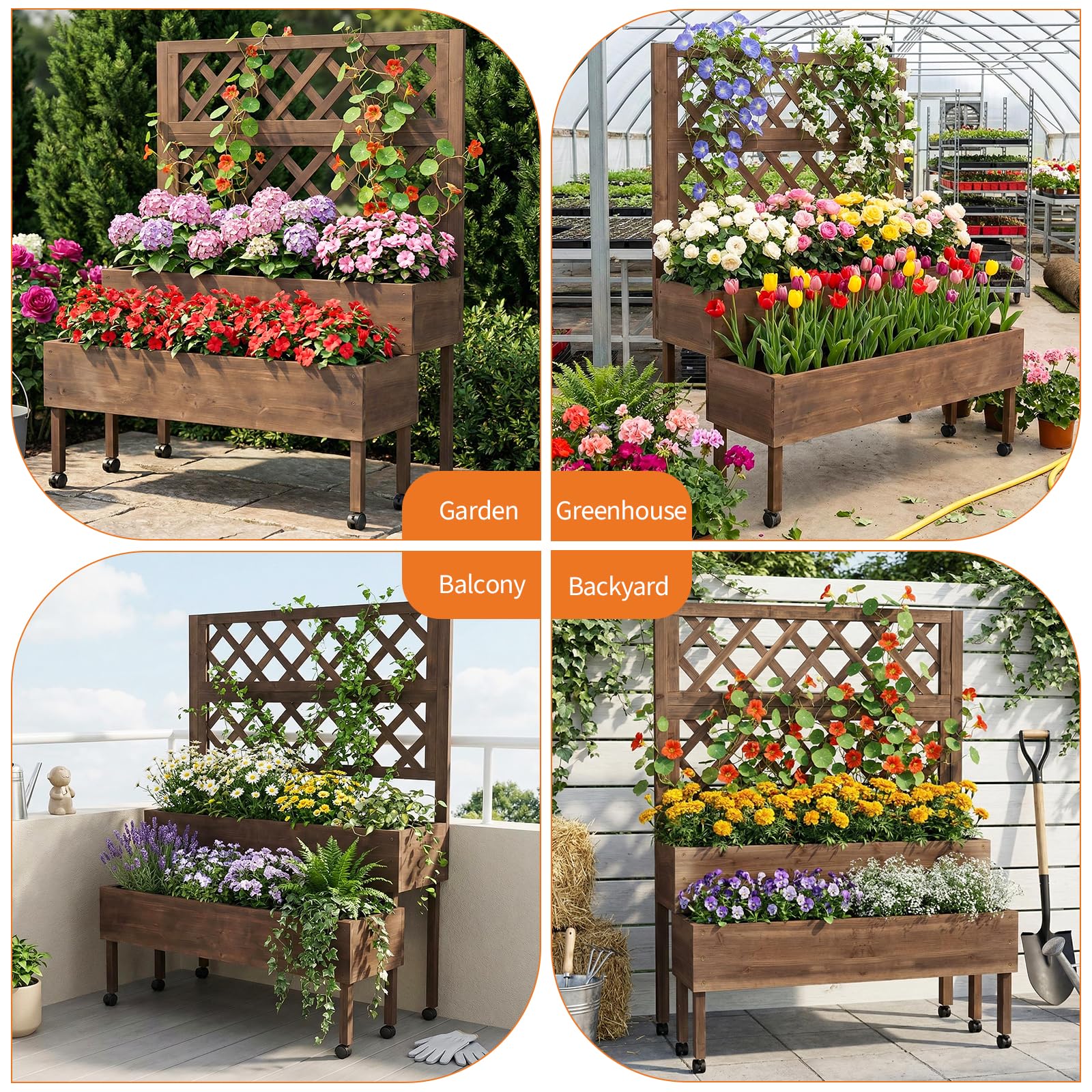 Garvee - Jardinera elevada de 2 niveles con celosía – Bandeja para plantas vertical de madera sobre pies, ruedas y agujeros de drenaje, perfecta para crear una pantalla de intimidad en extensor