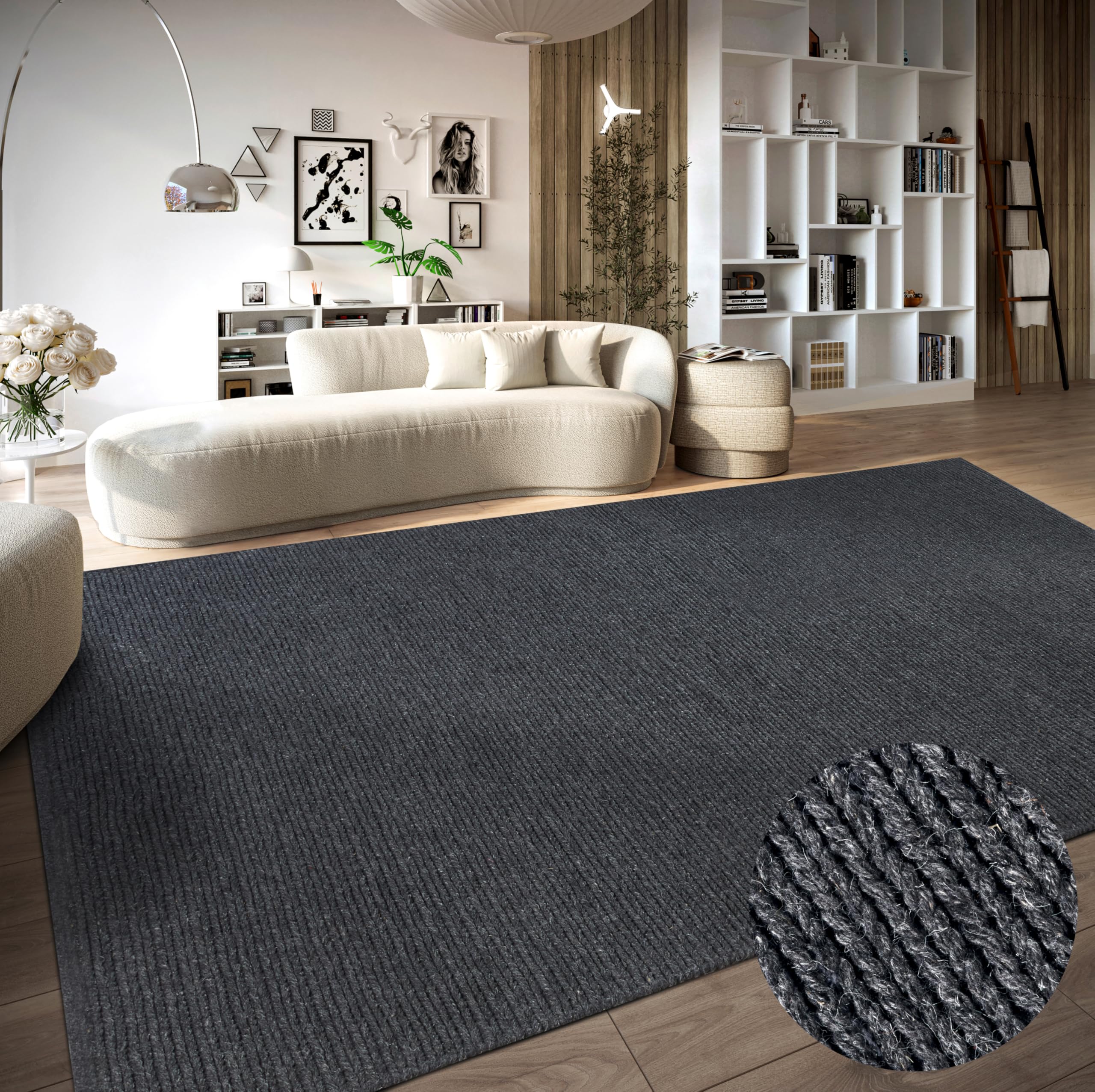 Villeroy & Boch Wollteppich Francois - Natur Wohnzimmerteppich - Handgewebt & Natürlich - Boho Teppich Wolle für Wohnzimmer, Schlafzimmer, Esszimmer, Flur, Küche – Anthrazit, 60x90cm