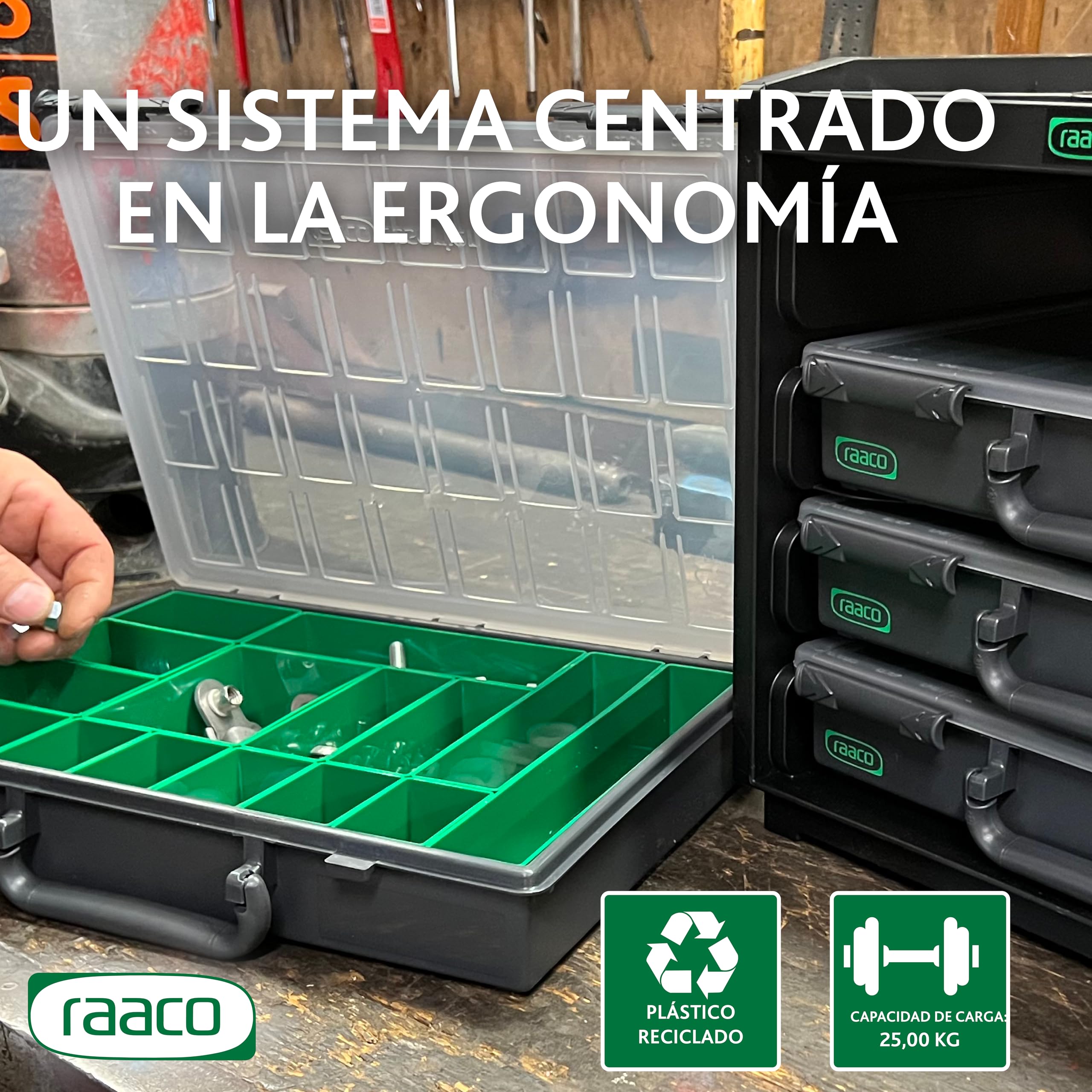 Raaco HandyBox, Capacidad de 25 kg, Caja Organizadora Resistente - set | Capacidad de 25 kg, Caja Organizadora Resistente para Taller, con 4 Cajas para Tornillos y Pequeñas Piezas, HandyBox, set