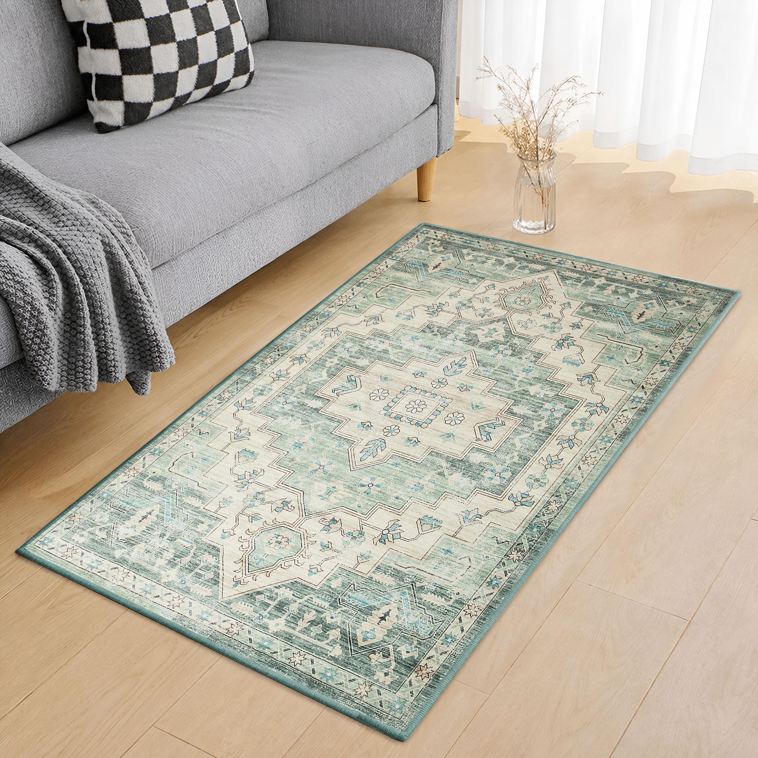 Hafaa Washable Rugs Living Room Small 60x110 cm – Soft Short Pile Area Rugs for Bedroom, Kitchen Carpet Non Slip Bedside Rug Traditional Floral Design Vintage Boho Cashmere Rug, Ember