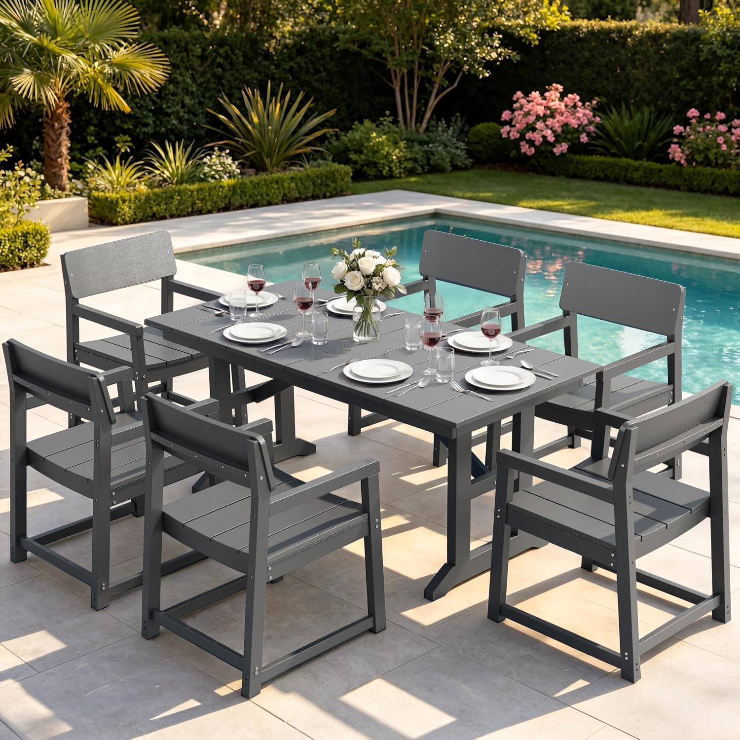 JAMFLY 7 Piece Outdoor Dining Set, All Weather Patio Table and Chairs for Backyard Garden Deck Lawn Pool, Sturdy All Weather Outdoor Furniture Set with Umbrella Hole, Grey
