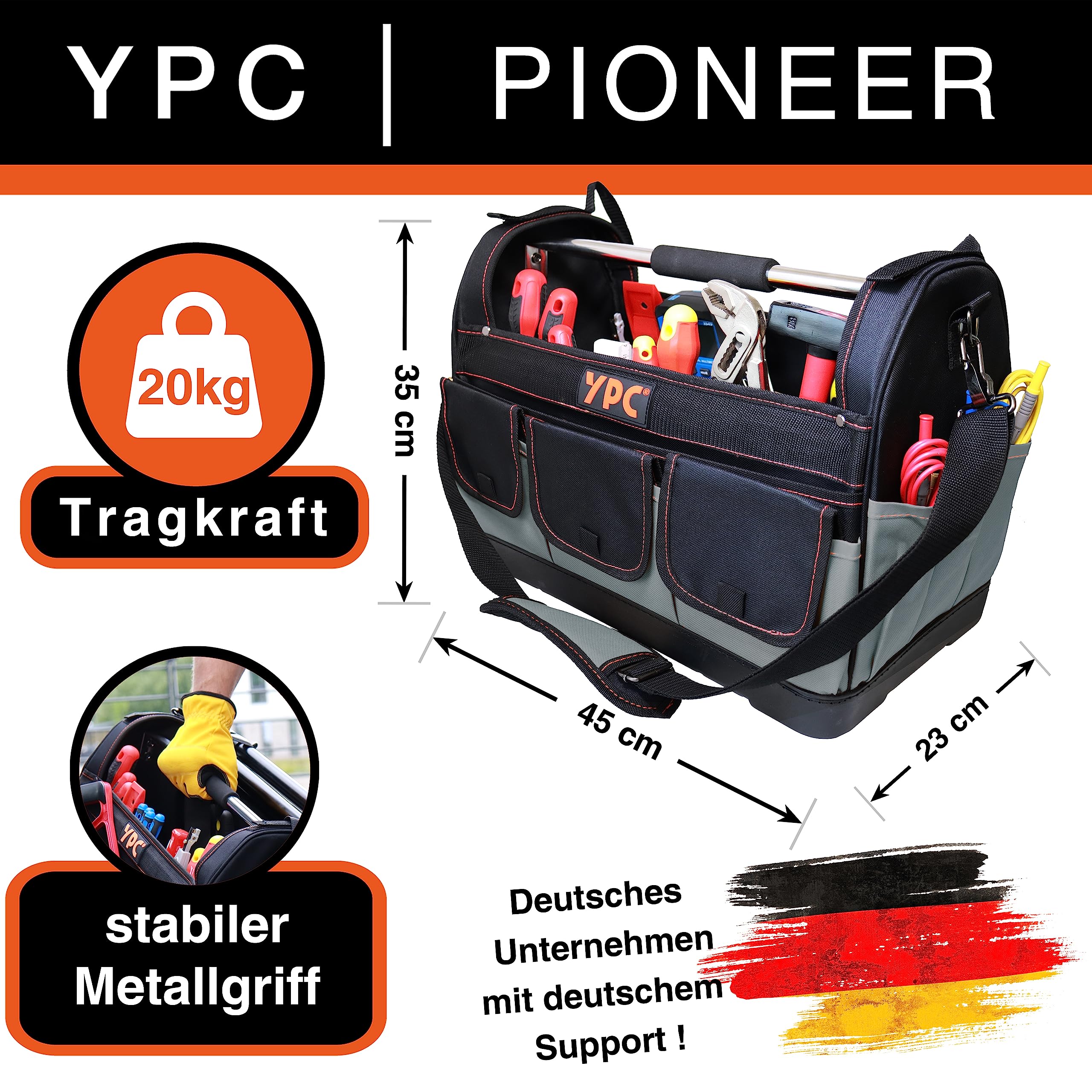 YPC Pioneer Werkzeugkorb XXL – Profi tragbare Werkzeugtasche mit stabilem Boden, Wasserfest, Reißfest, Schultergurt mit Polster & Metall-Handgriff, Grau-Schwarz, 45x35x23cm – 20 kg Tragkraft