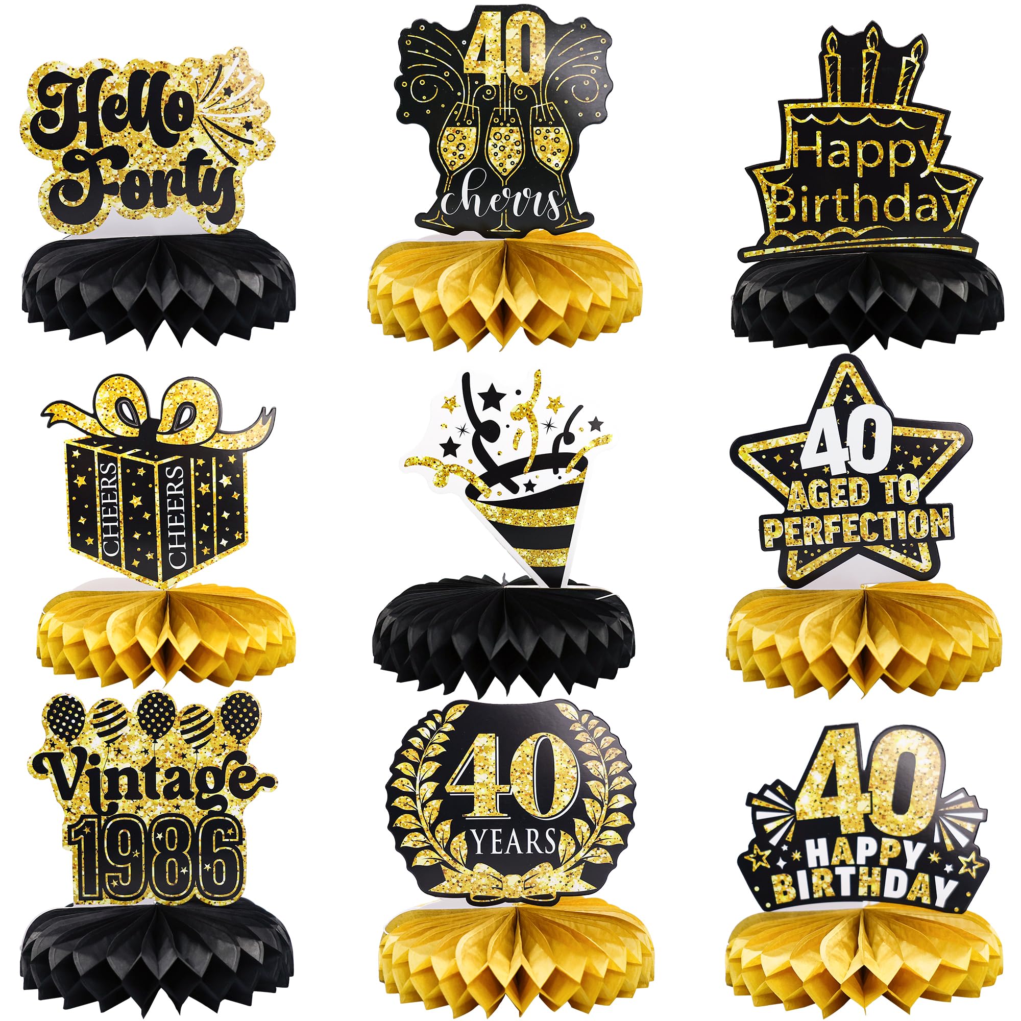 Gyufise 9 Pack 40th Birthday Decoration for Men Women Happy 40th Birthday Table Decorations Cheers to 40th Honeycomb Centerpieces 1986 Birthday Party Decorations Black Gold 40th Birthday Party Favors