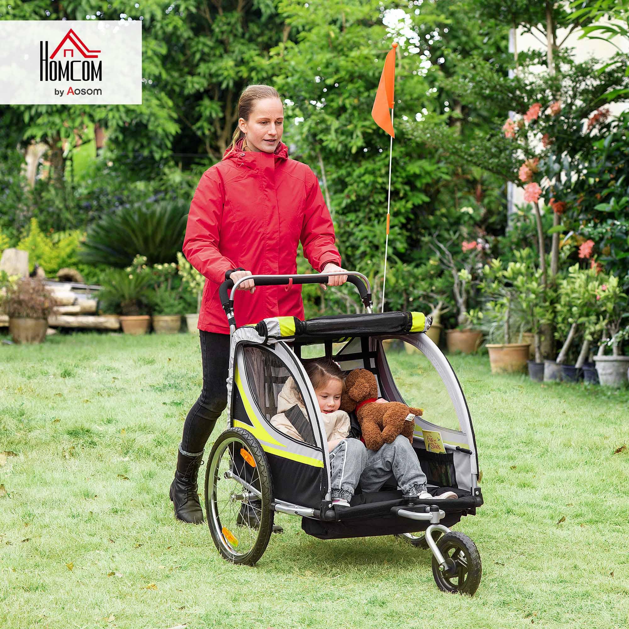 HOMCOM 2 in 1 Kinderfahrradanhänger, Kinderanhänger, Fahrradanhänger mit Mesh-Tür, 360° Drehbares Vorderrad, Buggy mit Bremse, Anhänger, 142 x 75 x 101 cm