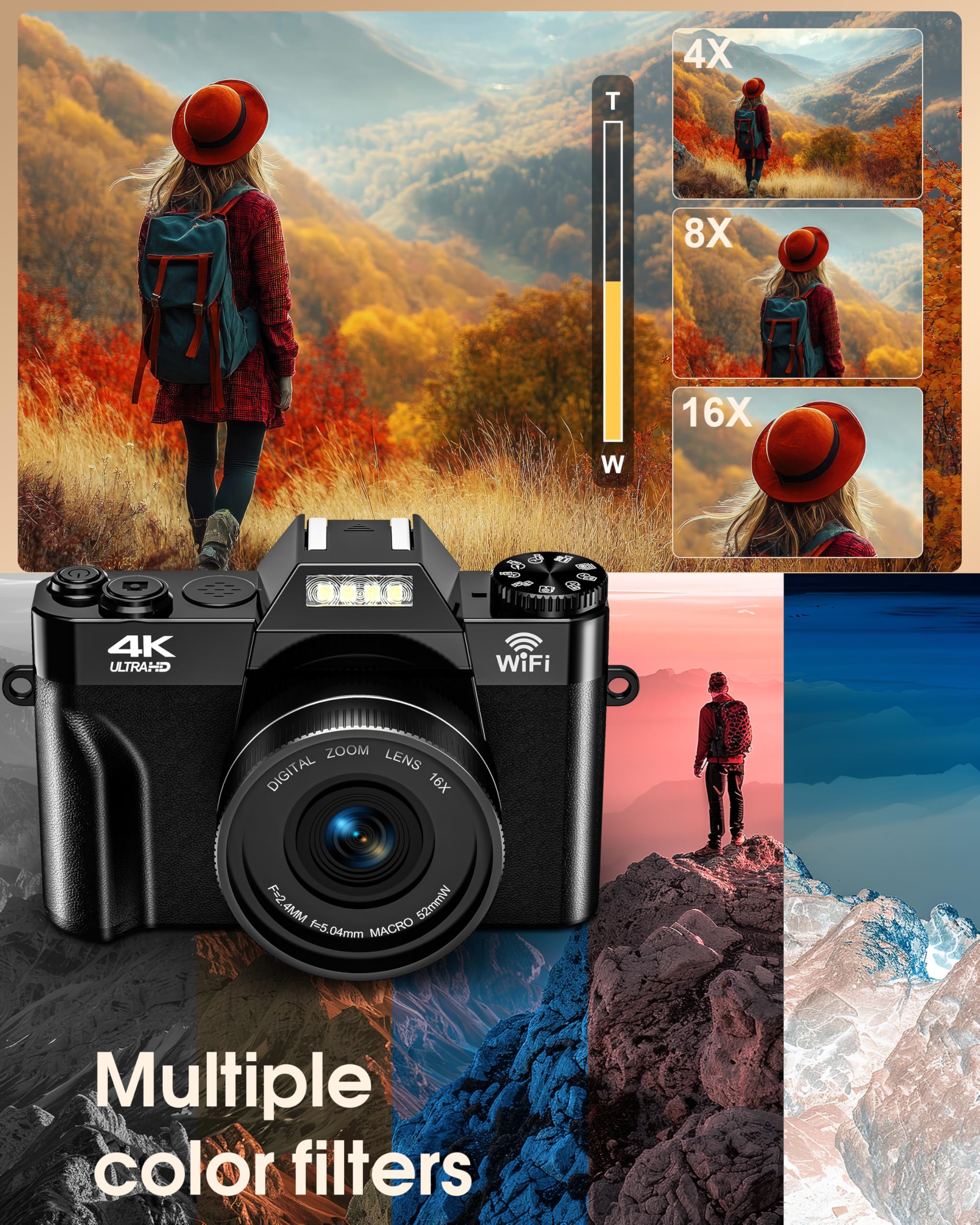 4K 75MP Digitalkamera mit WLAN & 180° Flip 3.0" Bildschirm, Autofokus Vlogging Fotoapparat mit 2X 1500mAh Batterien, Mikro-SD-Karte, Kompaktkamera für Erwachsene, Senioren & Anfänger