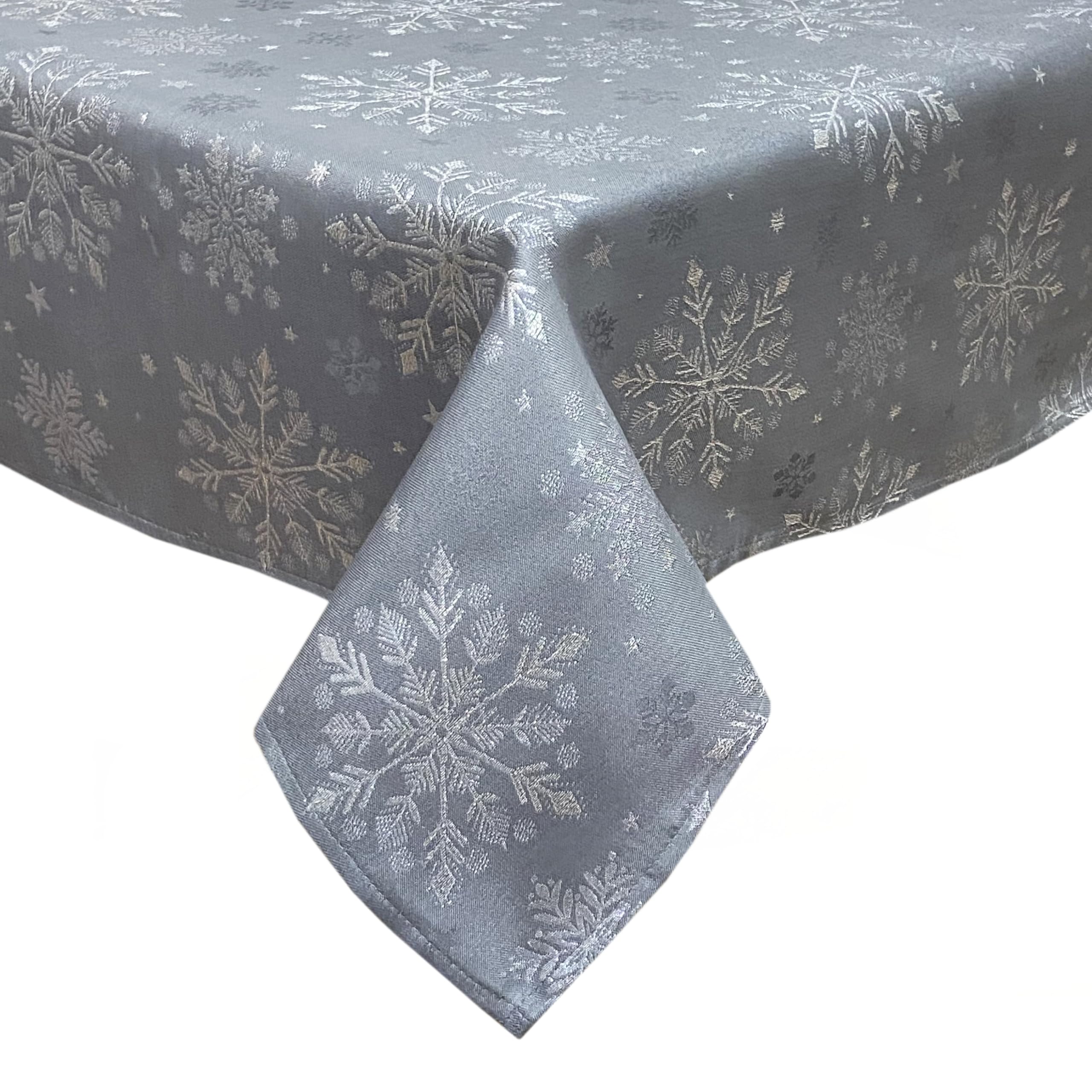 Peggy Wilkins Pewter/Silver Snow Fall Christmas Snowflake Jacquard Tablecloth 67" Round